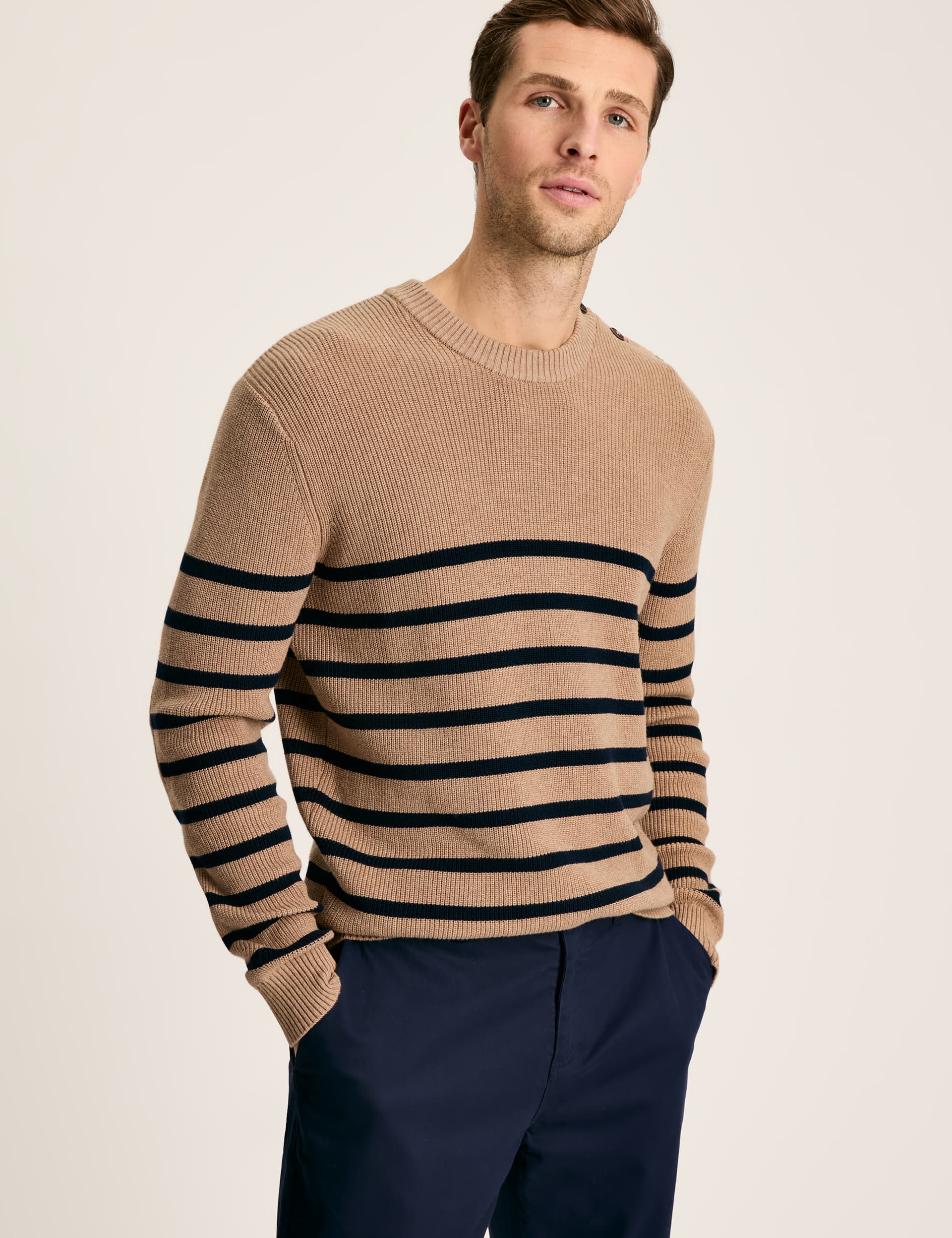 Joules Men's Pure Cotton Striped Crew Neck Jumper - Brown Mix, Brown Mix