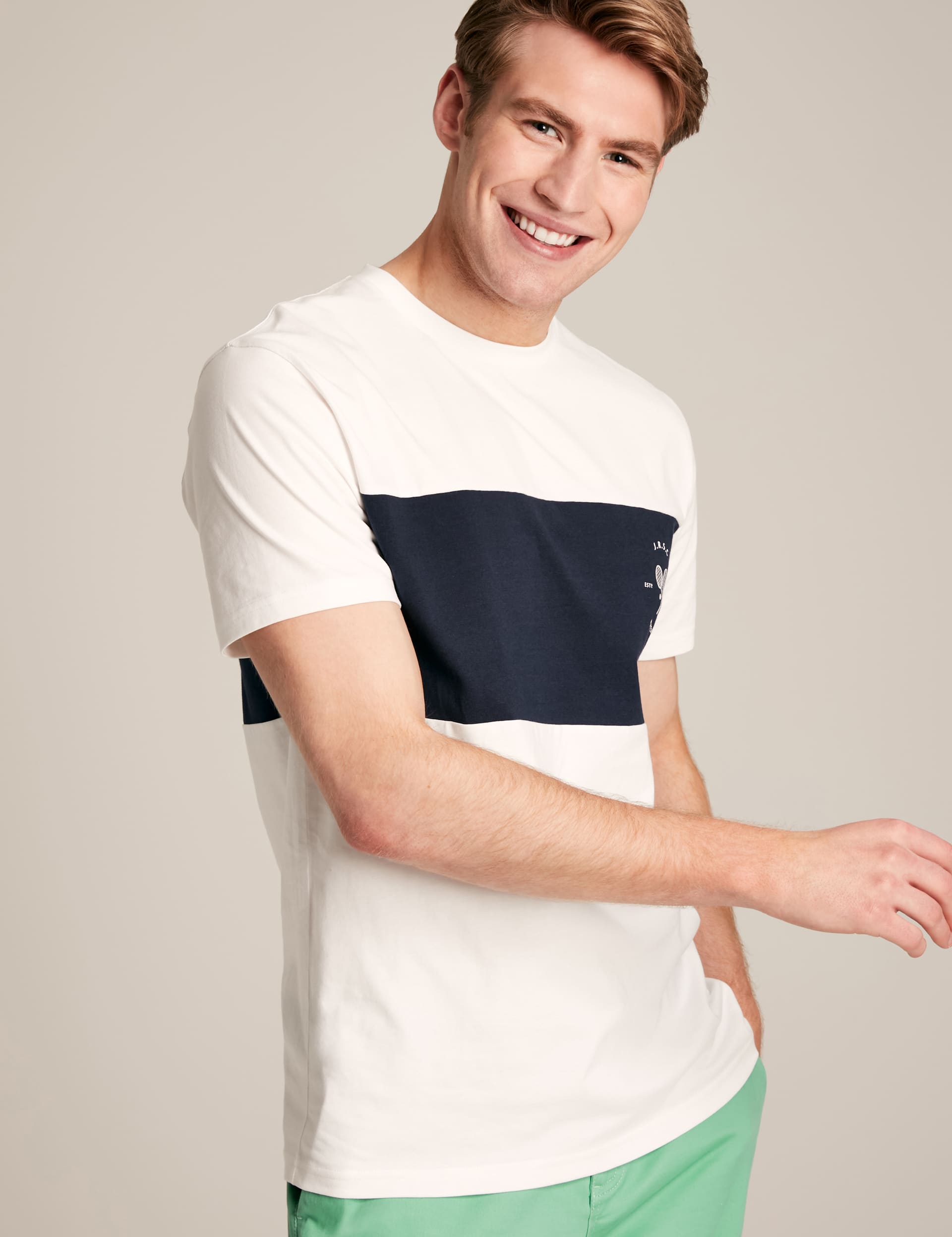 Joules Men's Pure Cotton Crew Neck Colour Block T-Shirt - White Mix, White Mix