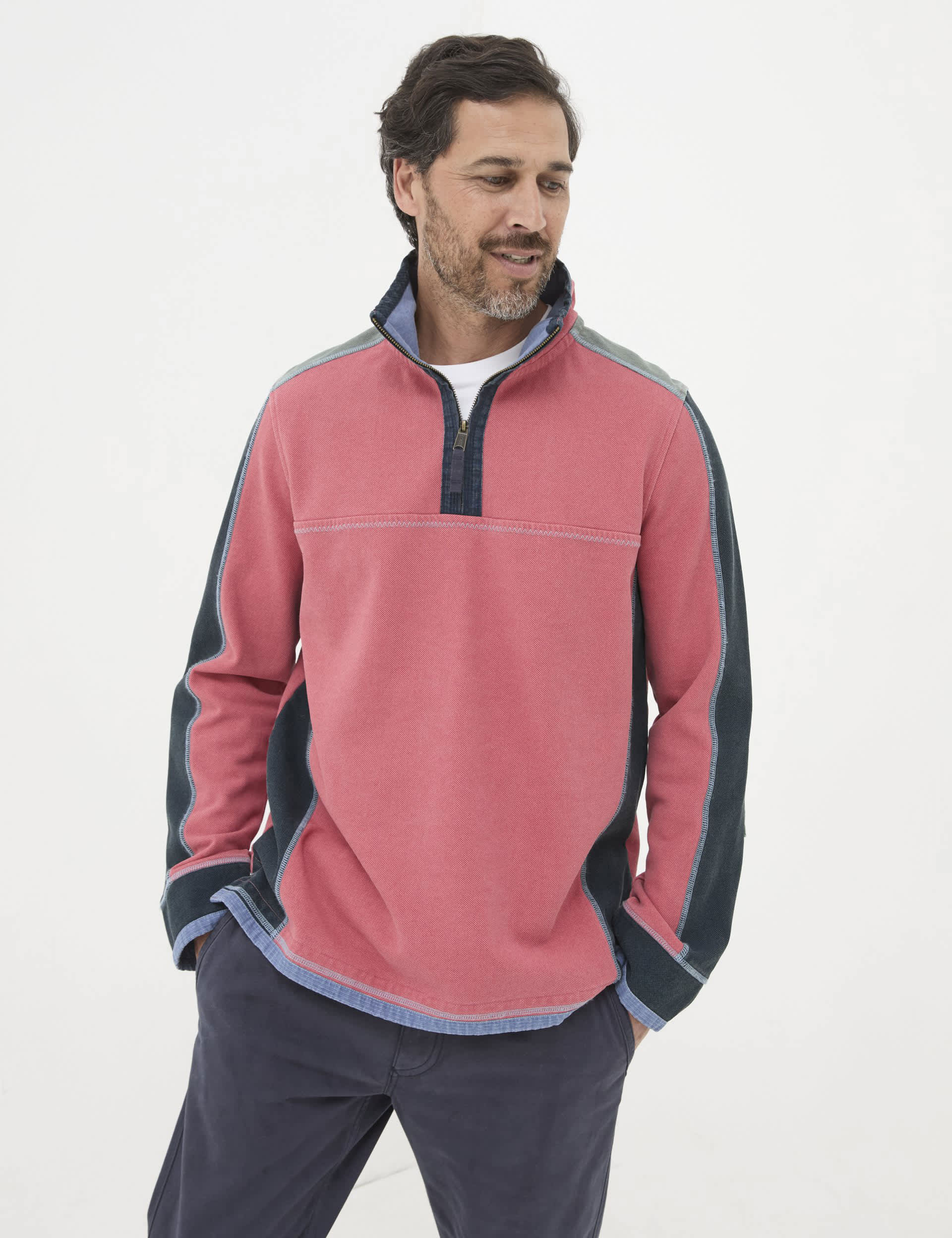 Fatface Men's Pure Cotton Colour Block Half Zip Sweatshirt - MREG - Pink Mix, Pink Mix