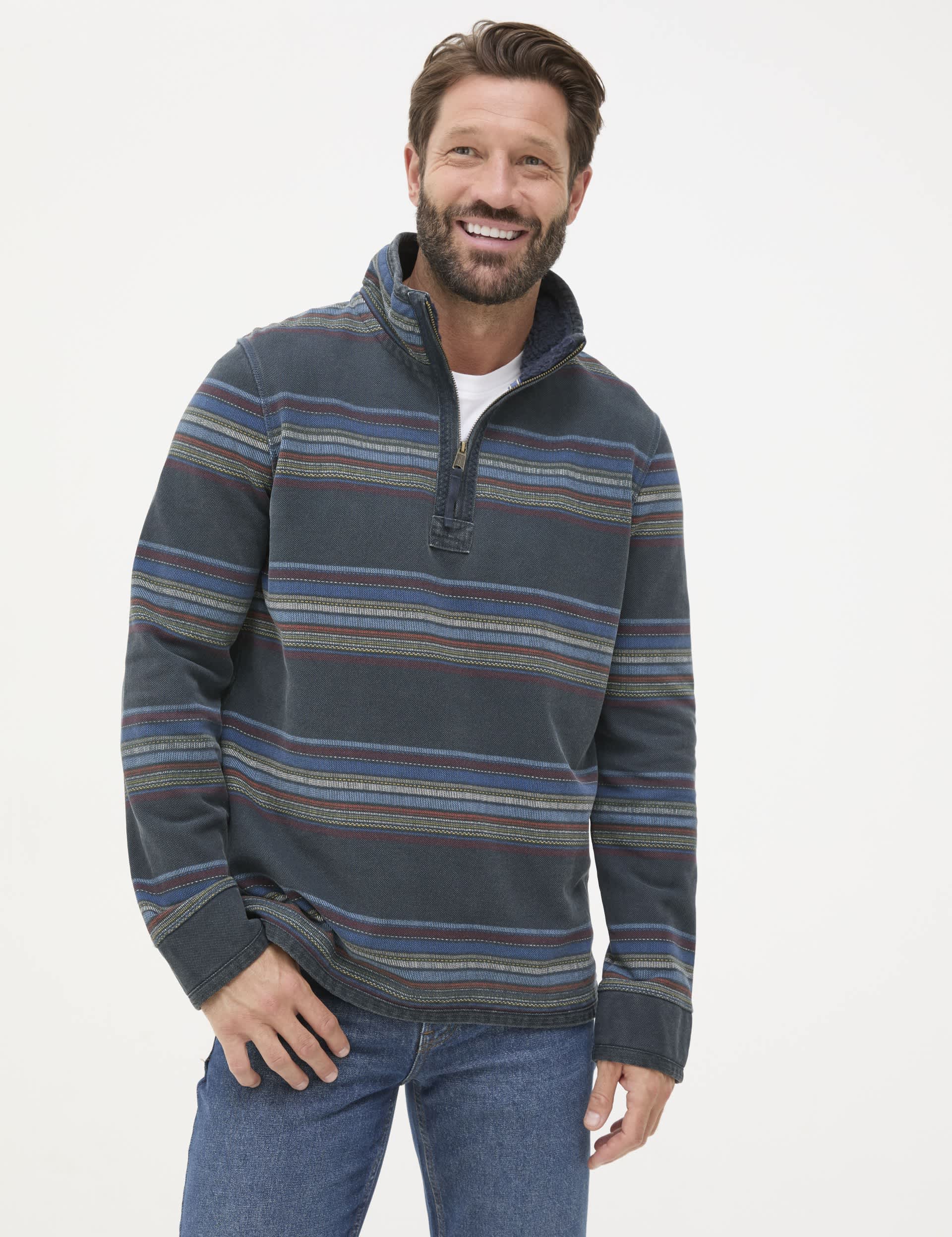 Fatface Men's Pure Cotton Striped Half Zip Sweatshirt - MREG - Navy Mix, Navy Mix