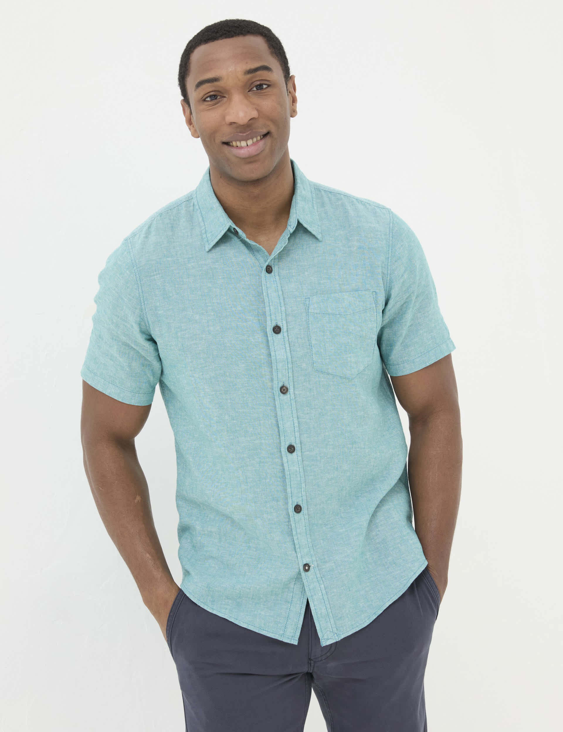 Fatface Men's Linen Blend Oxford Shirt - SREG - Teal, Teal