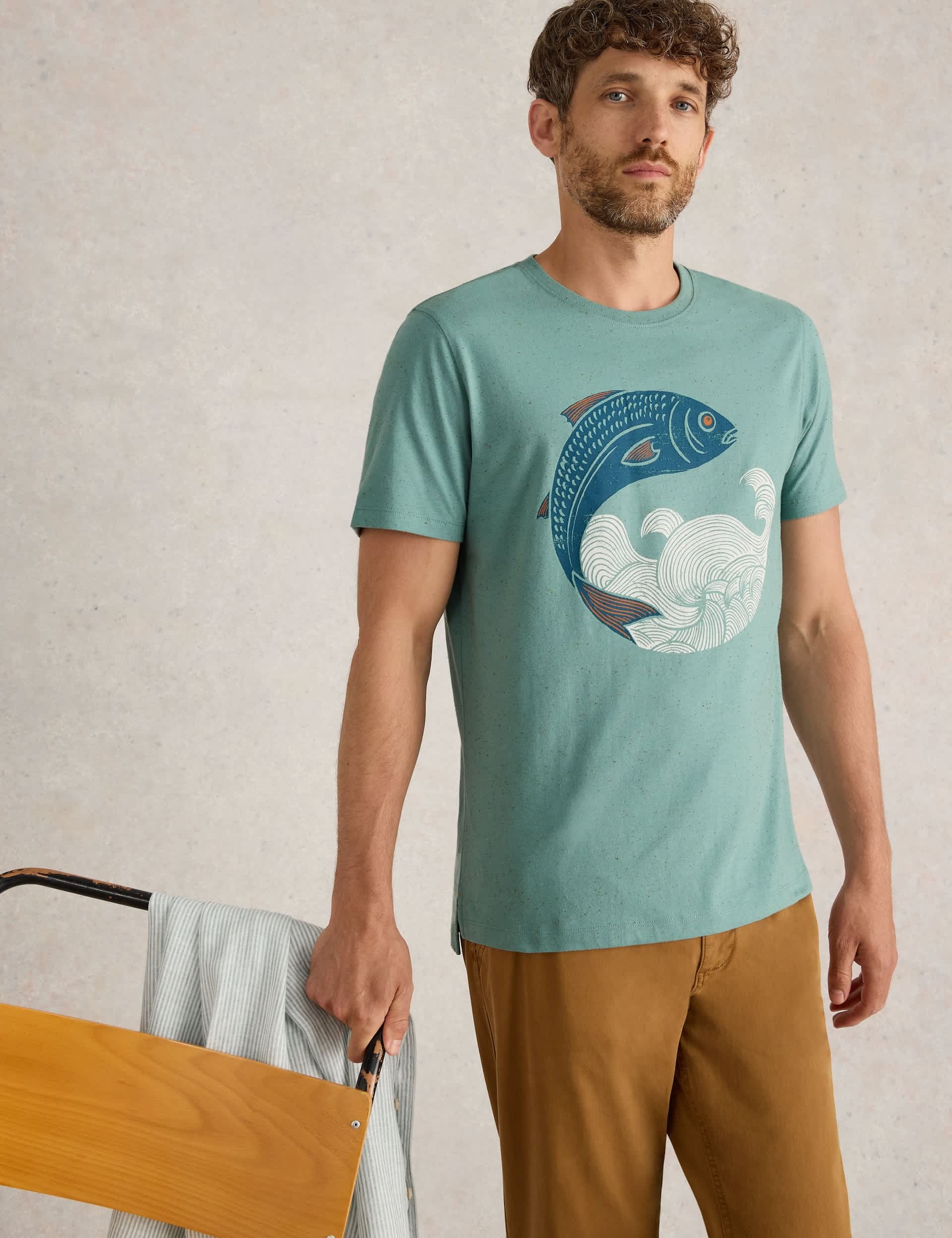 White Stuff Men's Cotton Rich Fish Graphic T-Shirt - L - Blue Mix, Blue Mix