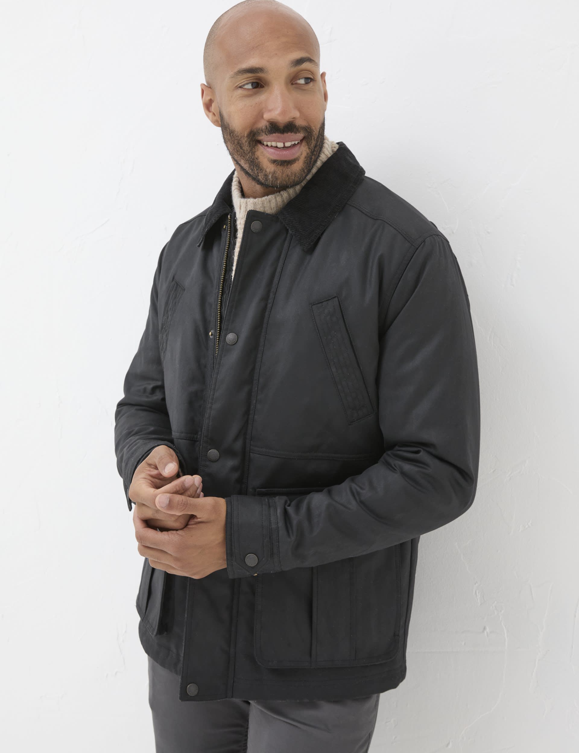 Fatface Men's Pure Cotton Wax Utility Jacket - MREG - Black, Black