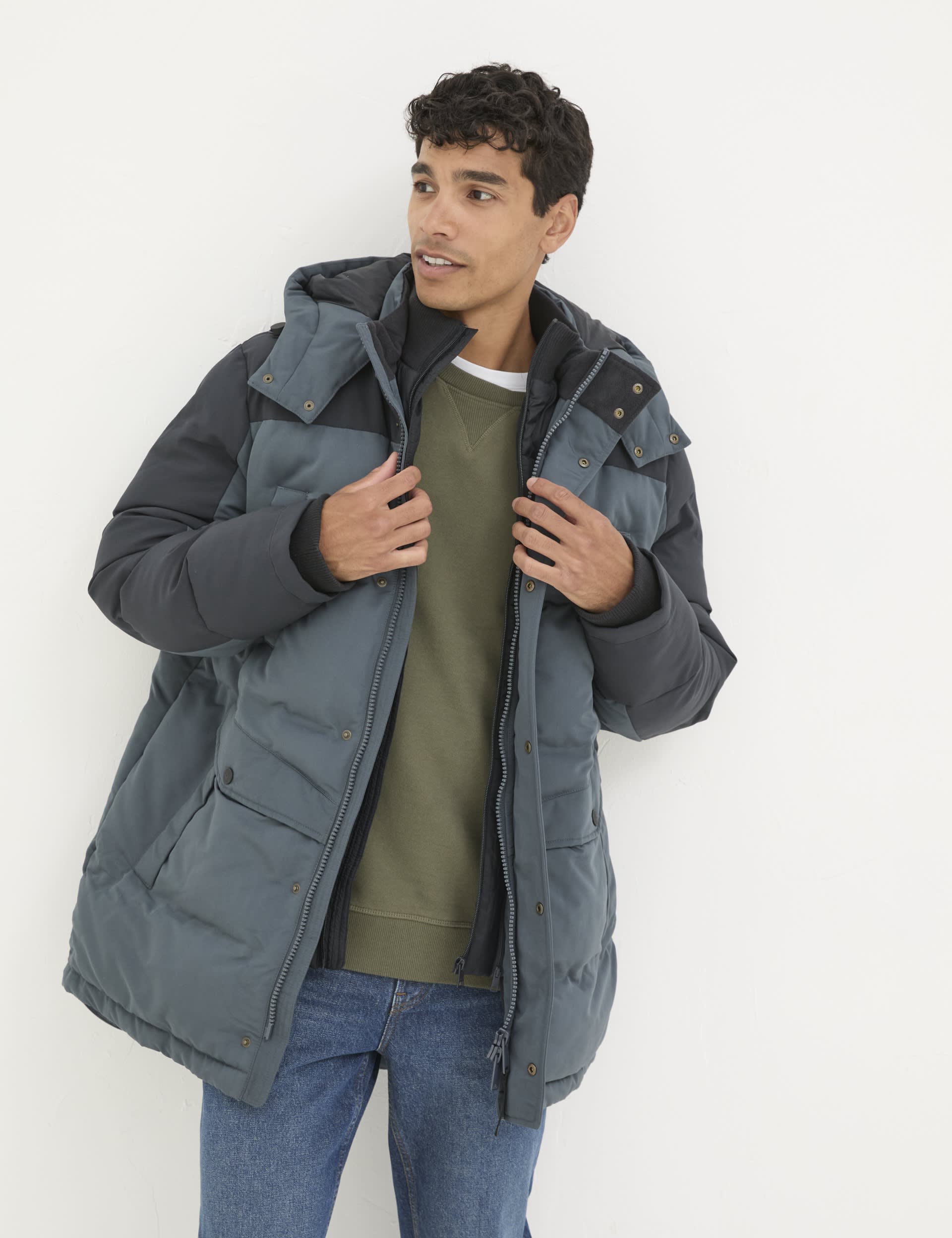 Fatface Men's Hooded Padded Puffer Jacket - MREG - Blue Mix, Blue Mix