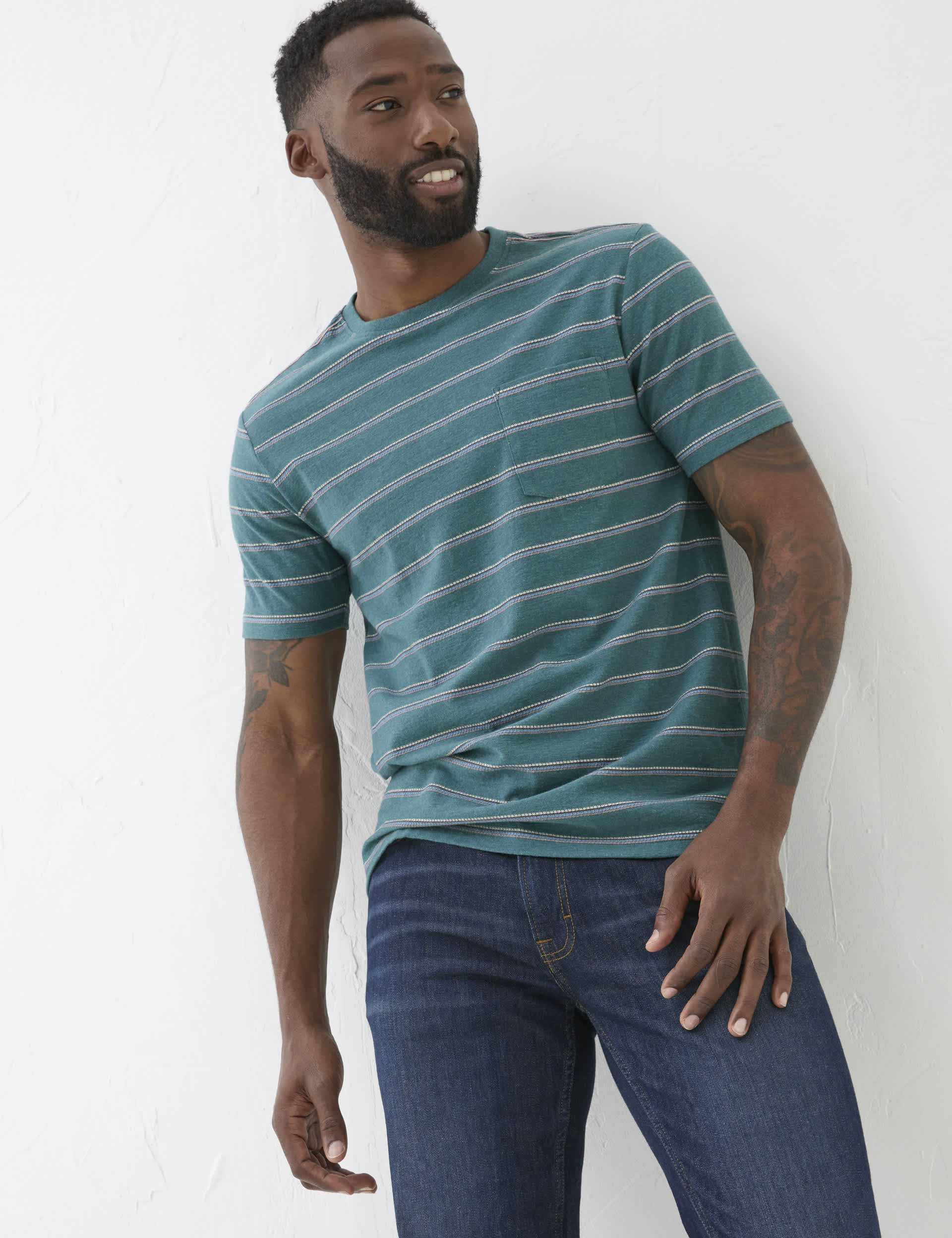 Fatface Men's Pure Cotton Stripe Crew Neck T-Shirt - LREG - Teal Mix, Teal Mix