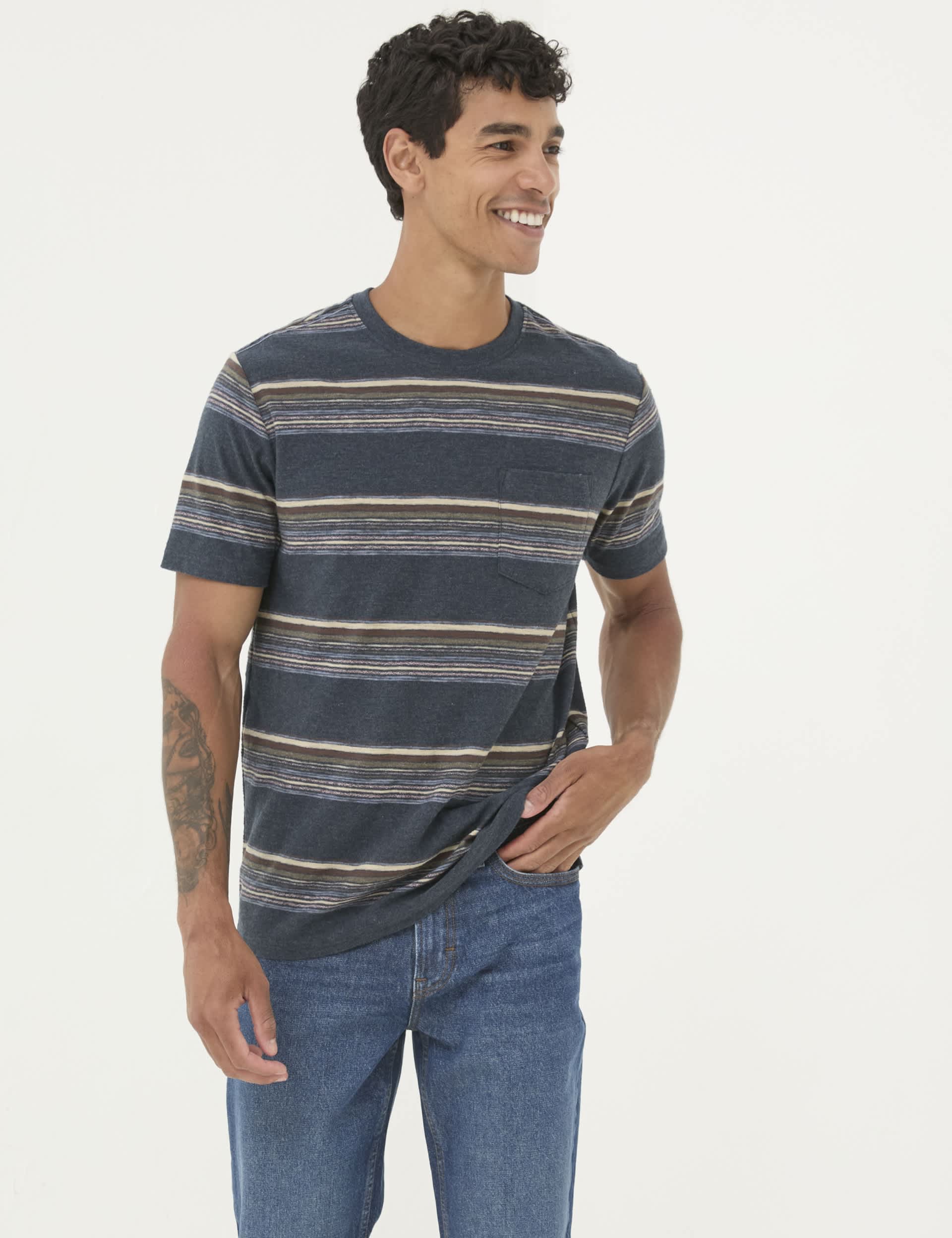 Fatface Men's Pure Cotton Striped T-Shirt - LREG - Navy Mix, Navy Mix