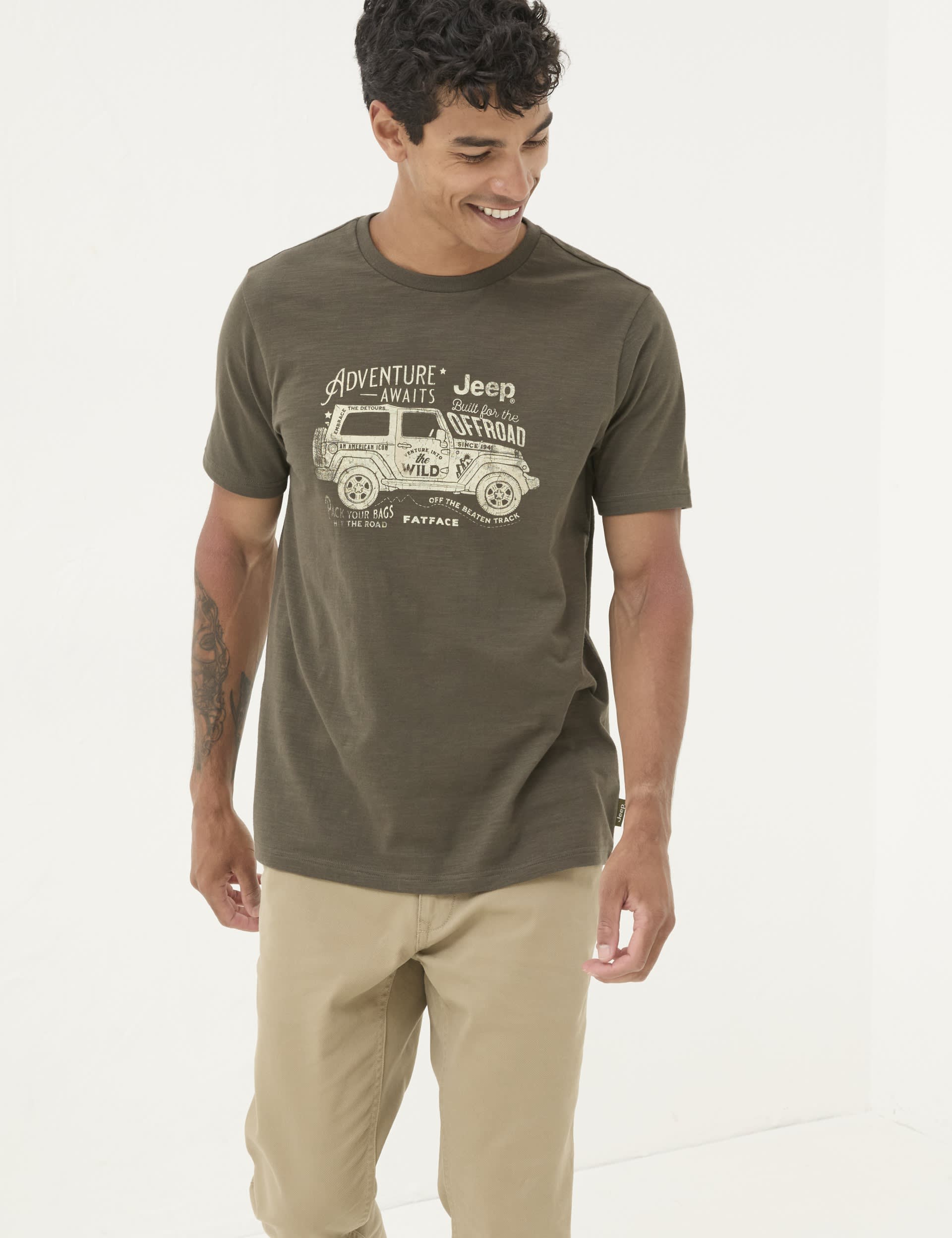 Fatface Men's Pure Cotton Jeep Graphic T-Shirt - LREG - Khaki, Khaki