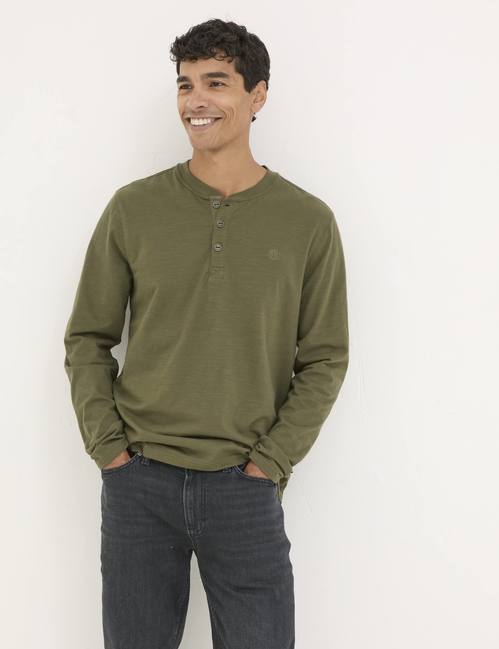 Fatface Men's Pure Cotton Henley Long Sleeve Top - LREG - Khaki, Pink,Khaki,Blue,Navy