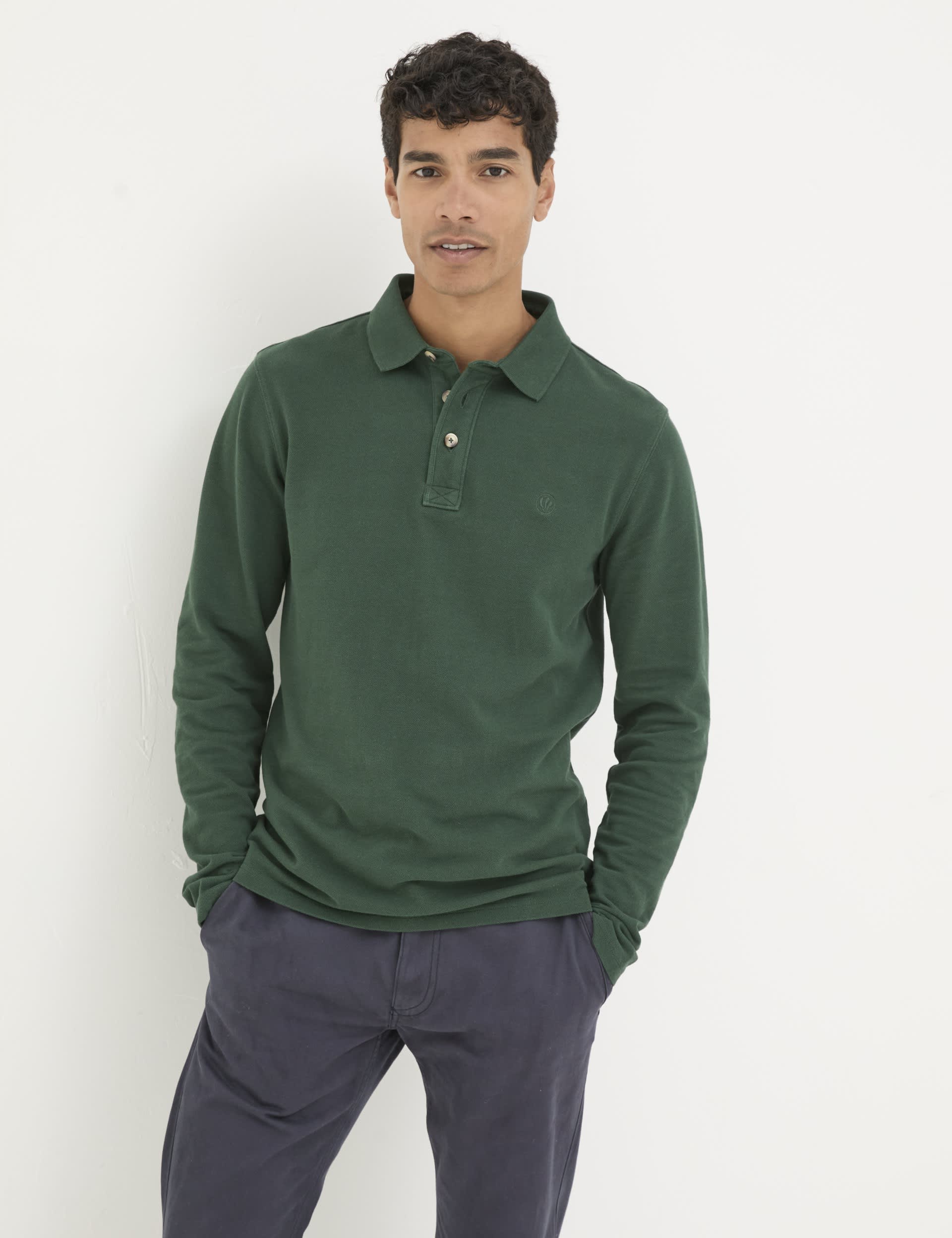 Fatface Men's Pure Cotton Pique Long Sleeve Polo Shirt - LREG - Green, Red,Green,Navy