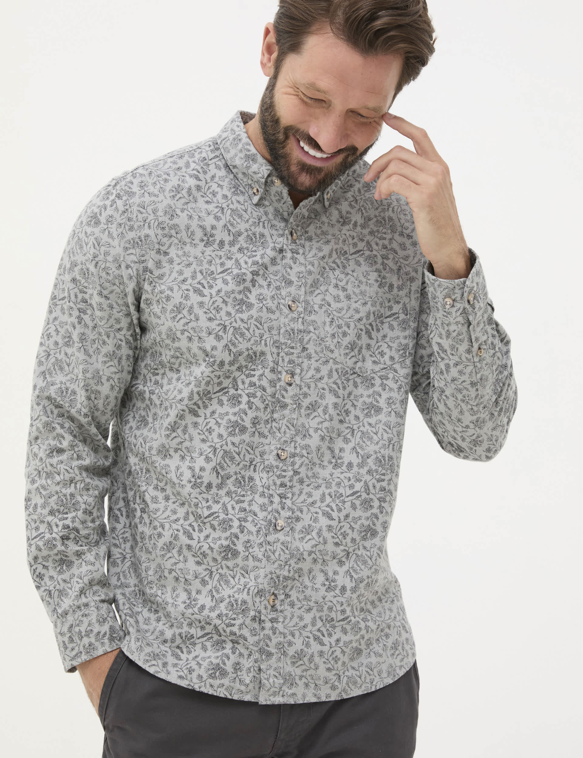 Fatface Men's Pure Cotton Floral Shirt - MREG - Grey Mix, Grey Mix