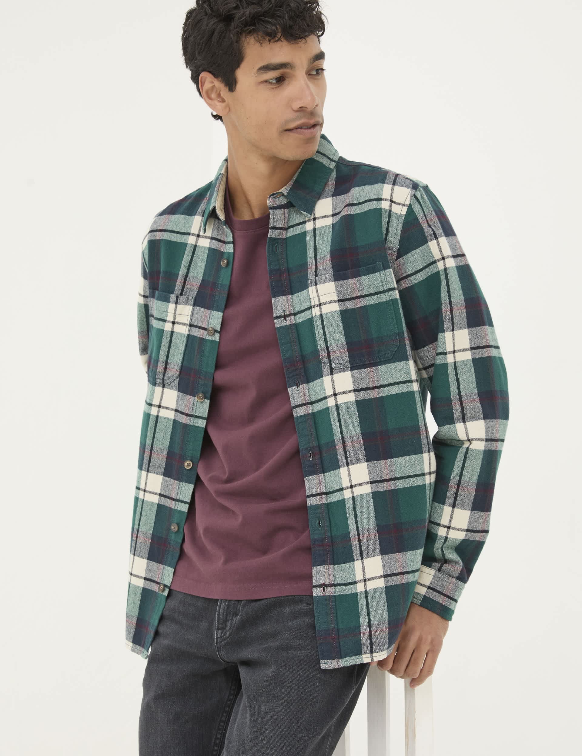 Fatface Men's Pure Cotton Check Shirt - MREG - Teal Mix, Orange Mix,Teal Mix