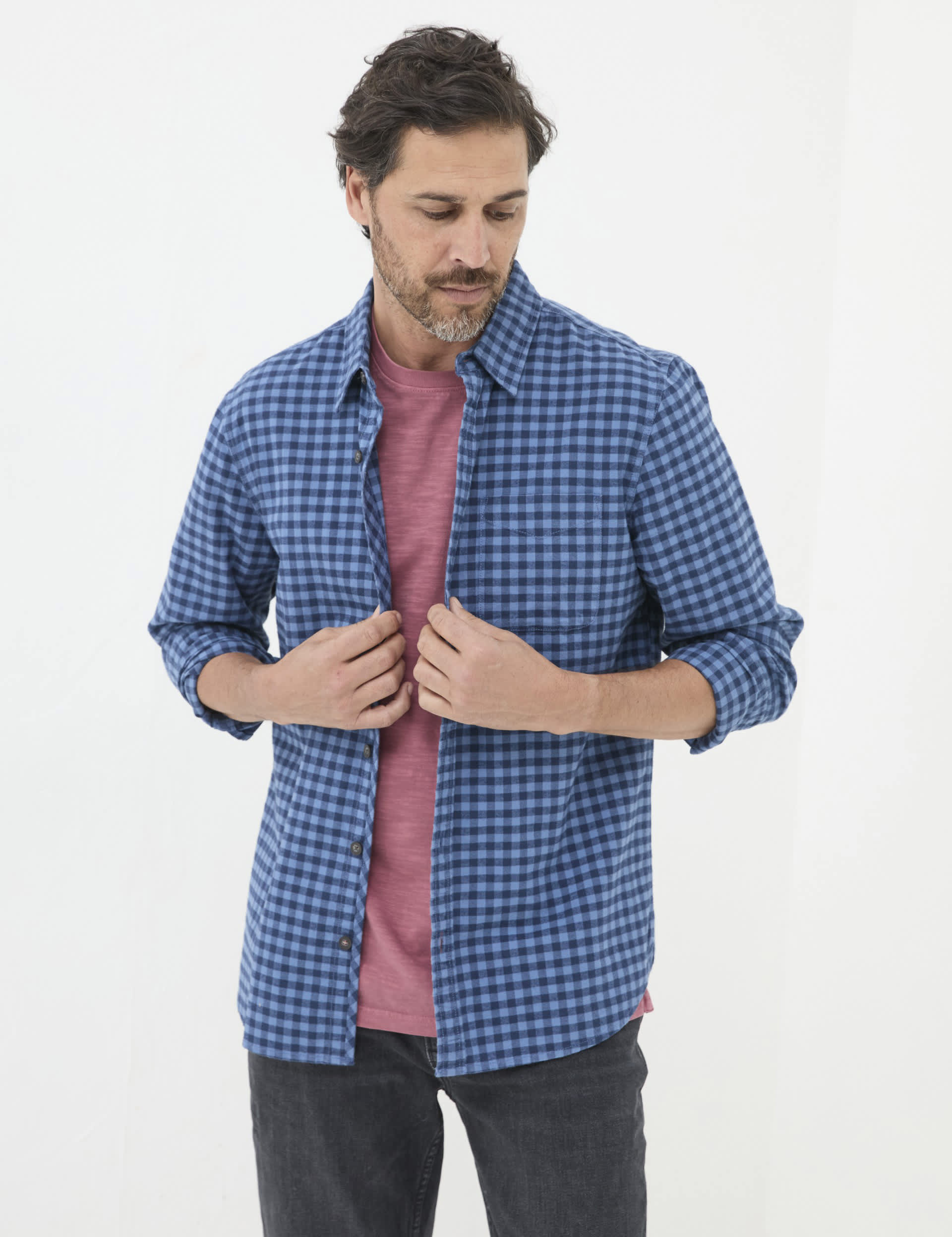 Fatface Men's Pure Cotton Check Print Shirt - LREG - Blue Mix, Green Mix,Blue Mix