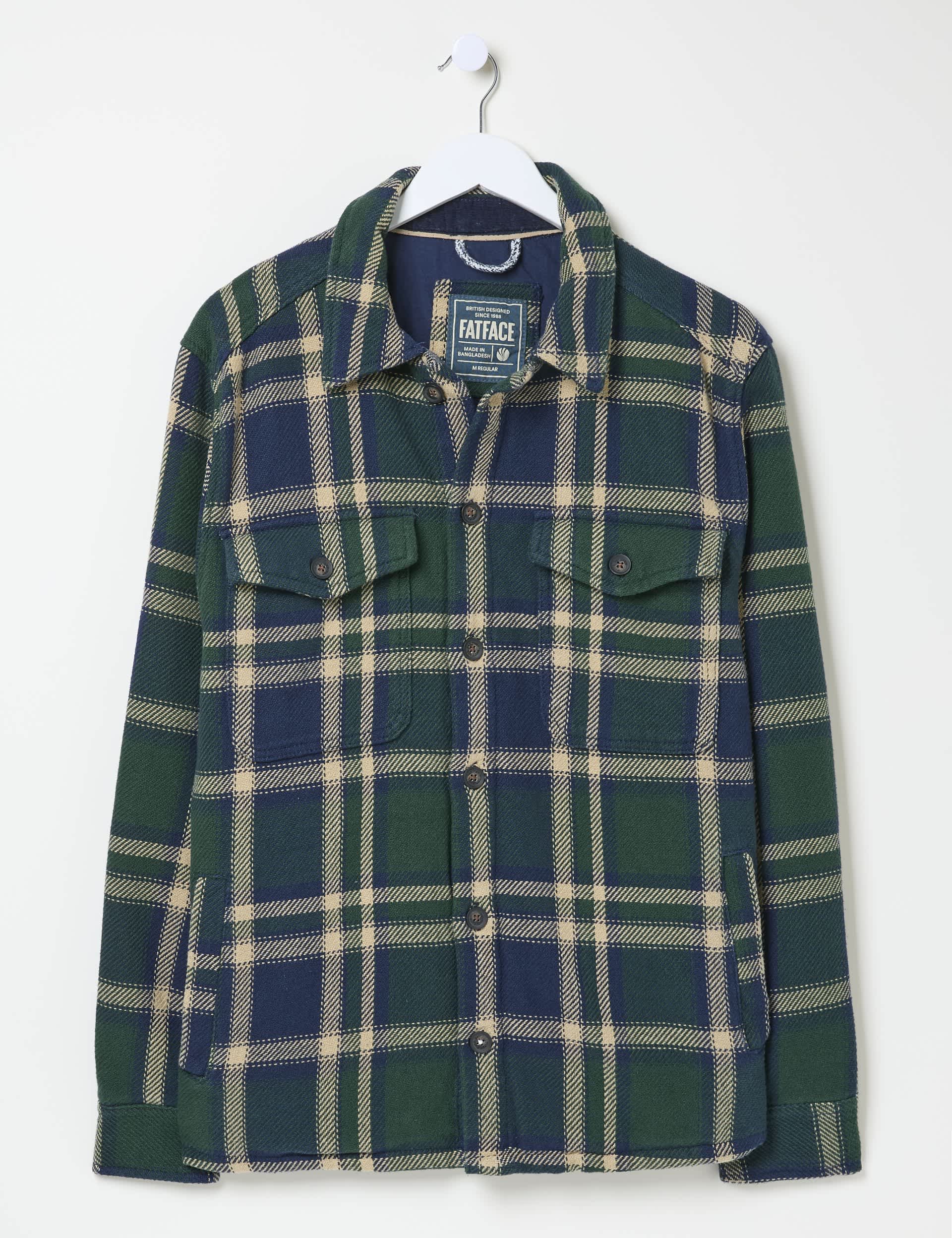 Fatface Men's Pure Cotton Check Overshirt - XSREG - Green Mix, Green Mix