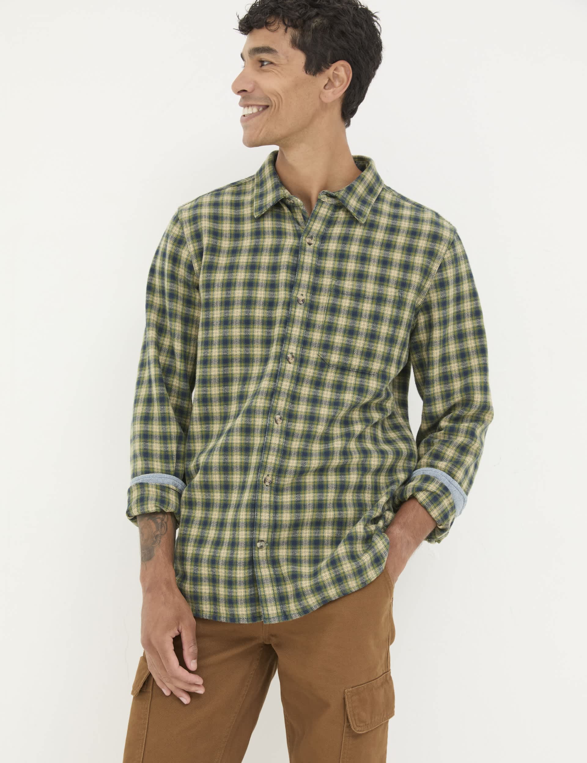 Fatface Men's Pure Cotton Check Print Shirt - MREG - Green Mix, Green Mix