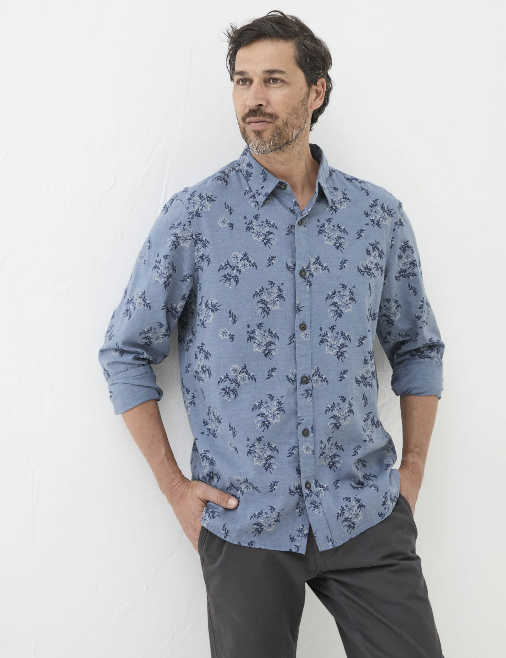 Fatface Men's Pure Cotton Floral Shirt - MREG - Blue Mix, Blue Mix