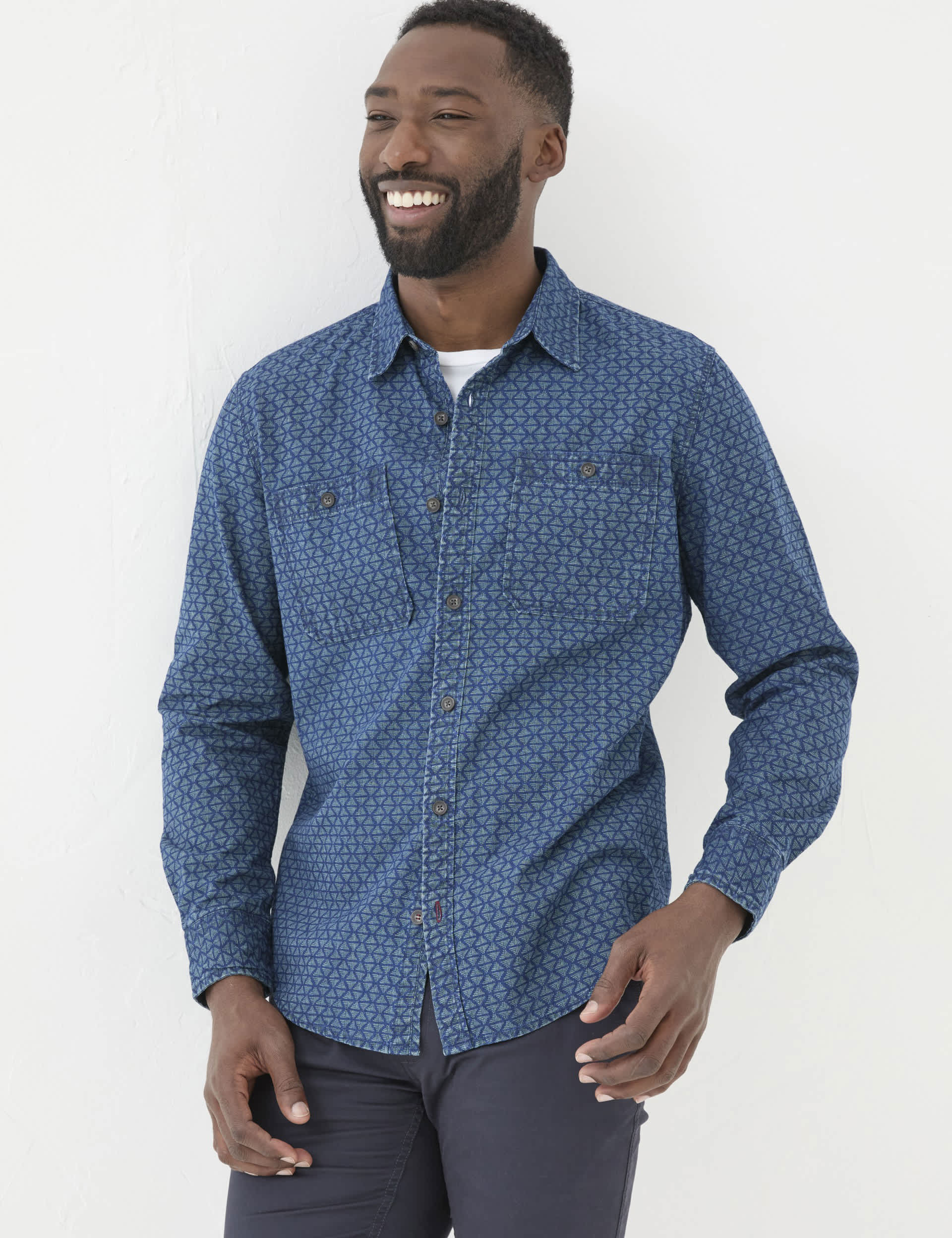 Fatface Men's Pure Cotton Geometric Print Shirt - LREG - Blue Mix, Blue Mix