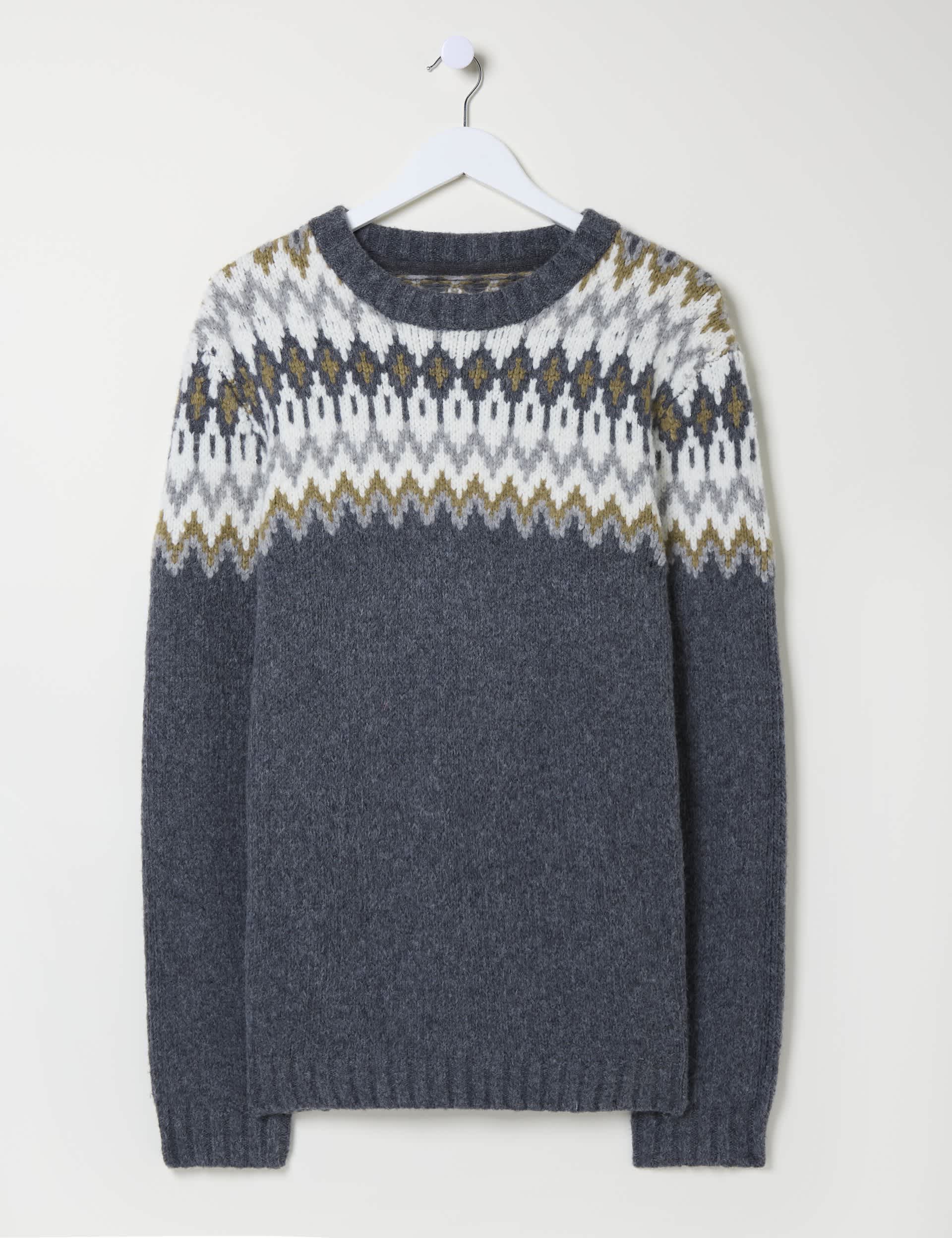 Fatface Men's Fair Isle Crew Neck Jumper with Wool - LTAL - Grey Mix, Grey Mix