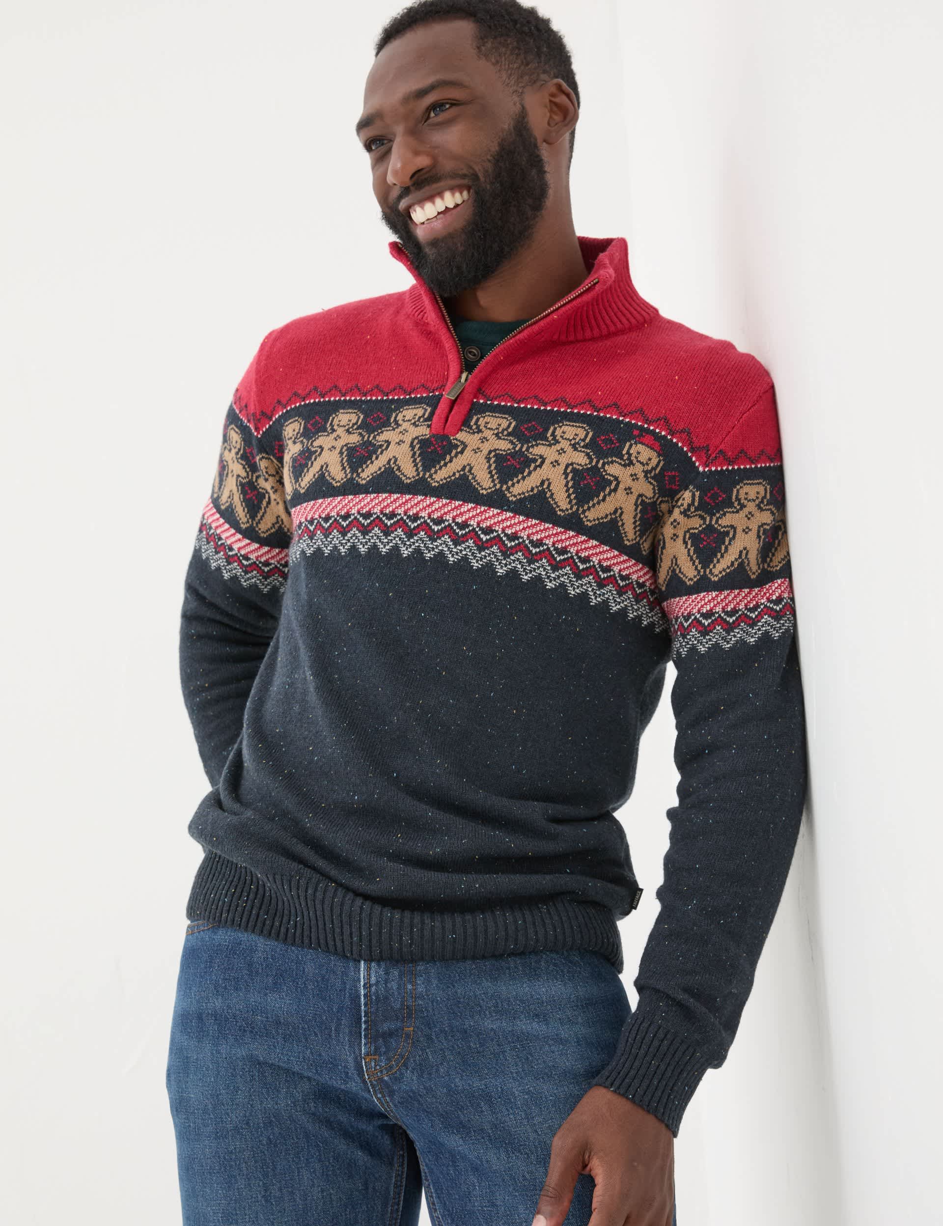 Fatface Men's Cotton Rich Patterned Jumper with Wool - LTAL - Red Mix, Red Mix