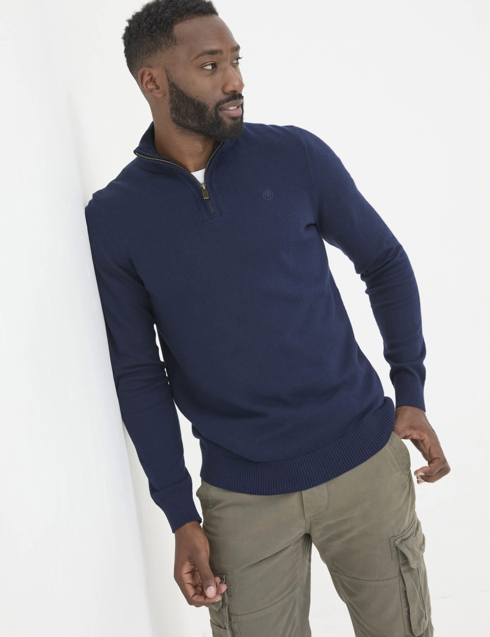 Fatface Men's Cotton Rich Half Zip Jumper - LREG - Navy, Brown,Navy