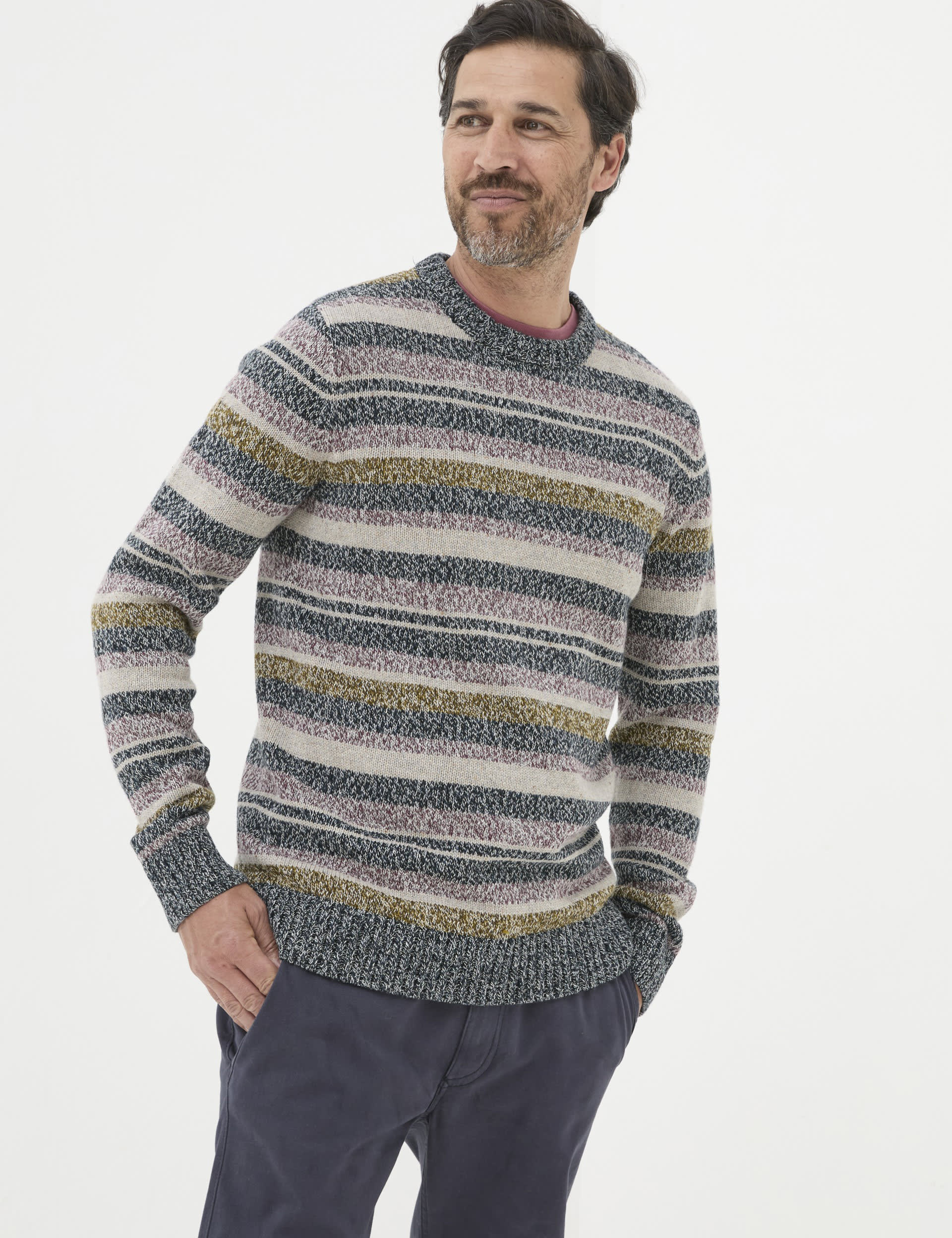 Fatface Men's Cotton Rich Striped Crew Neck Jumper - LREG - Multi, Multi