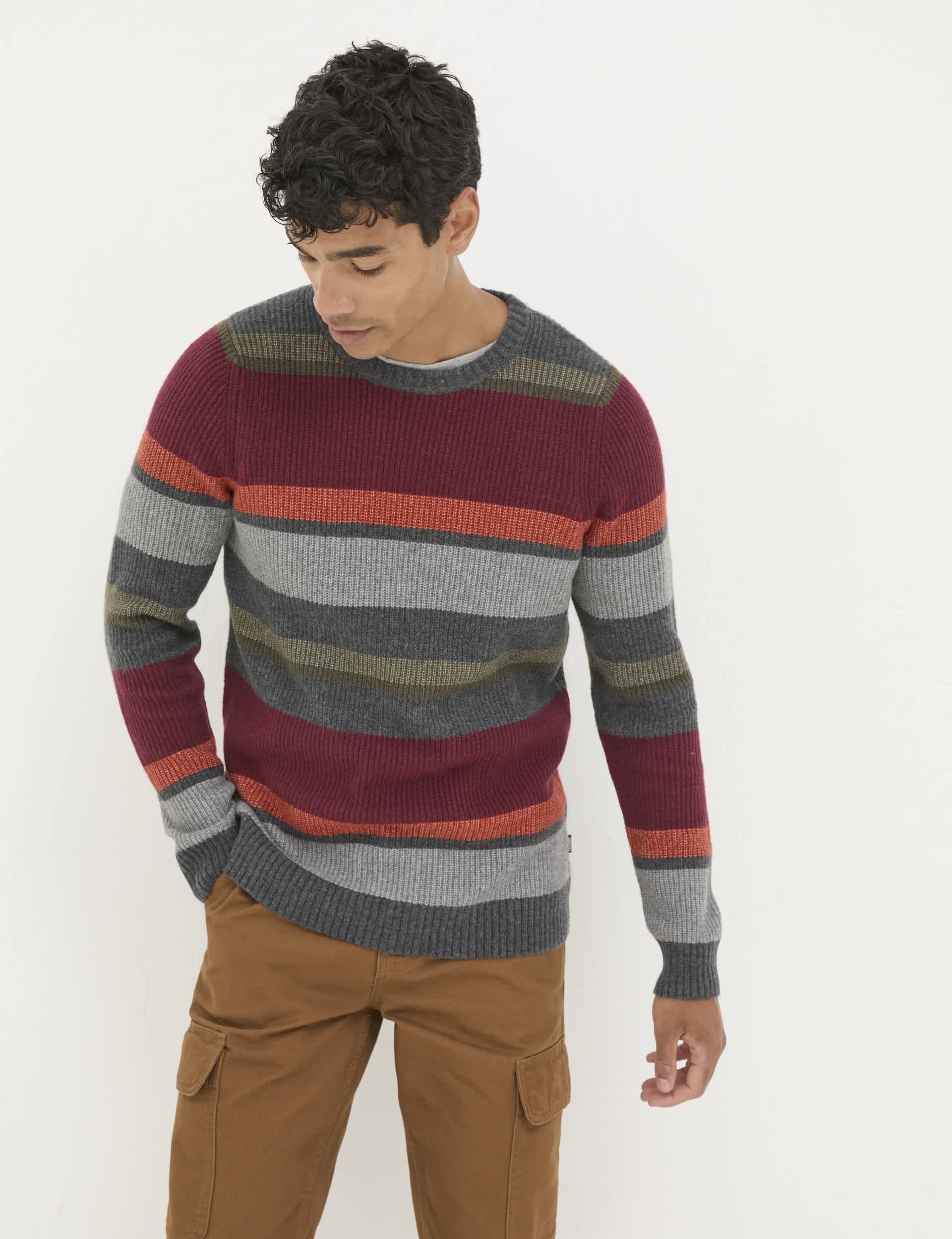 Fatface Men's Pure Cotton Striped Crew Neck Jumper - XLREG - Multi, Multi