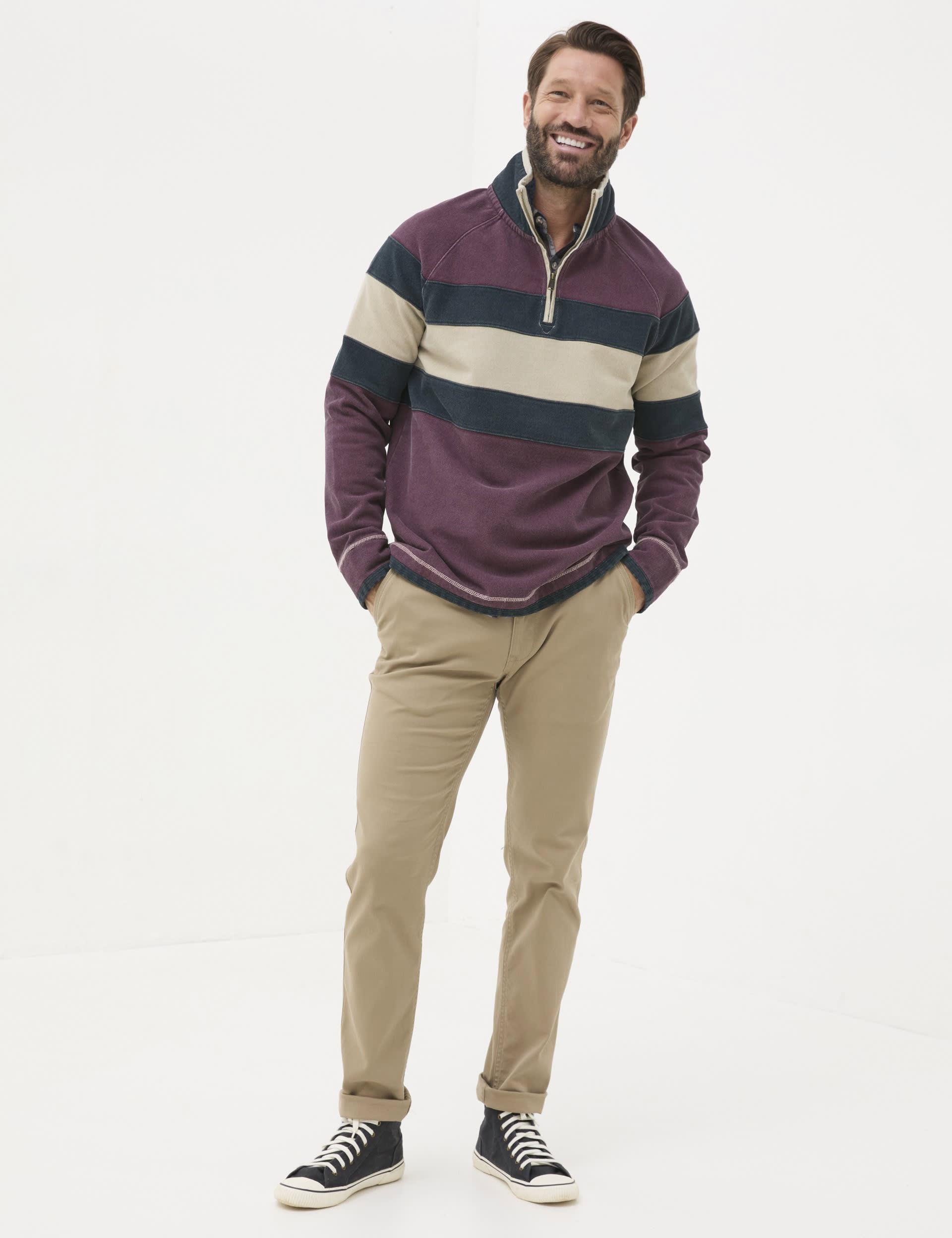 Fatface Men's Pure Cotton Chest Stripe Half Zip Jumper