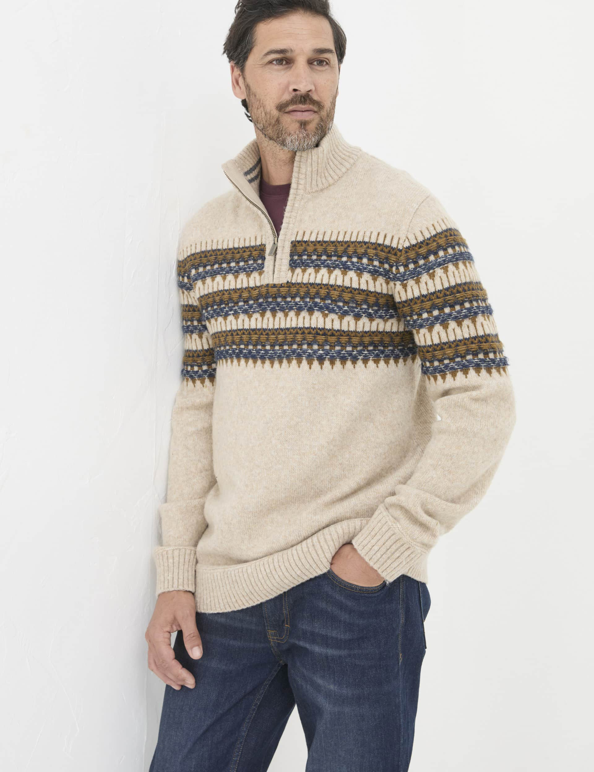 Fatface Men's Fair Isle Half Zip Jumper - LREG - Natural Mix, Natural Mix