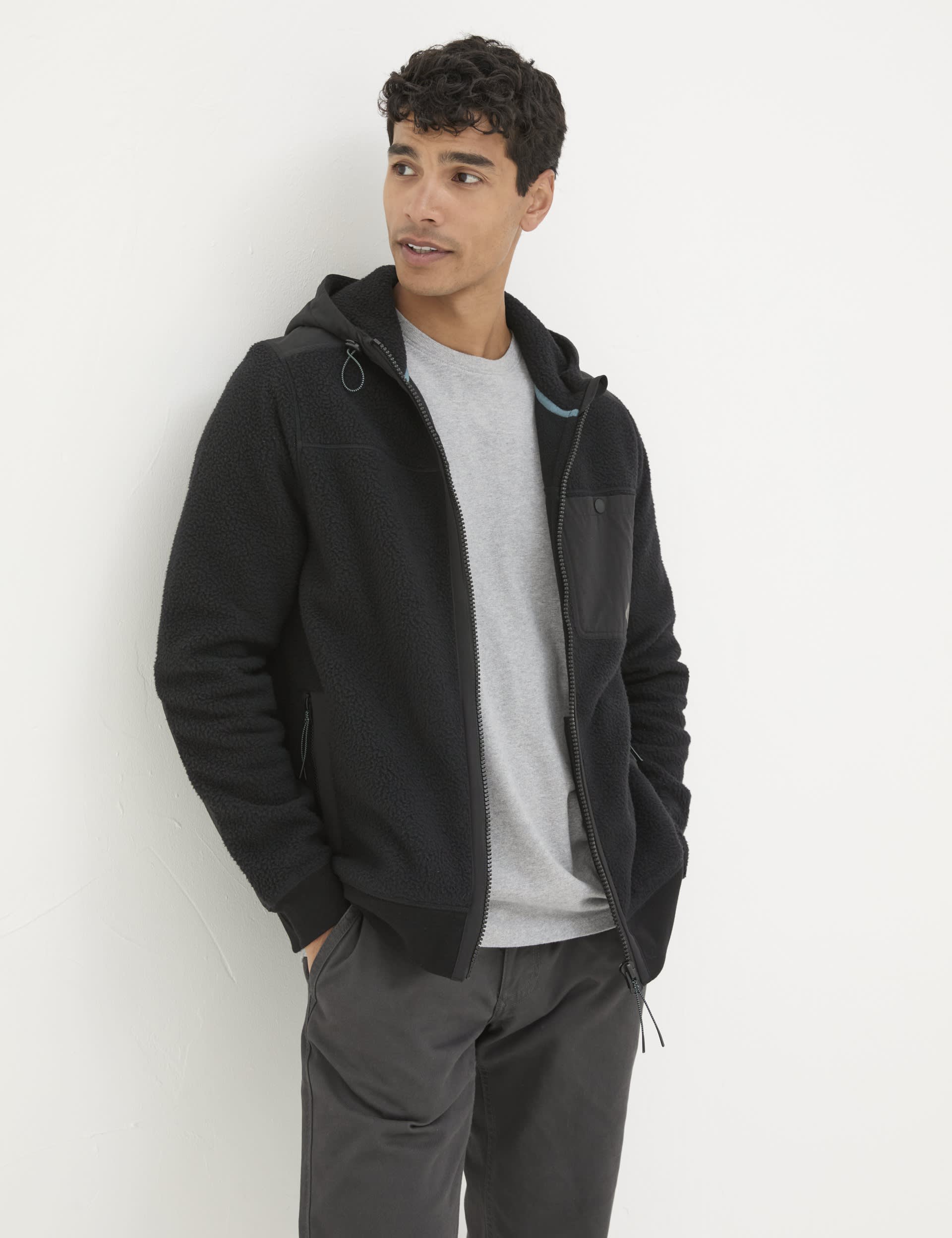 Fatface Men's Fleece Zip Up Hoodie - MREG - Black, Black