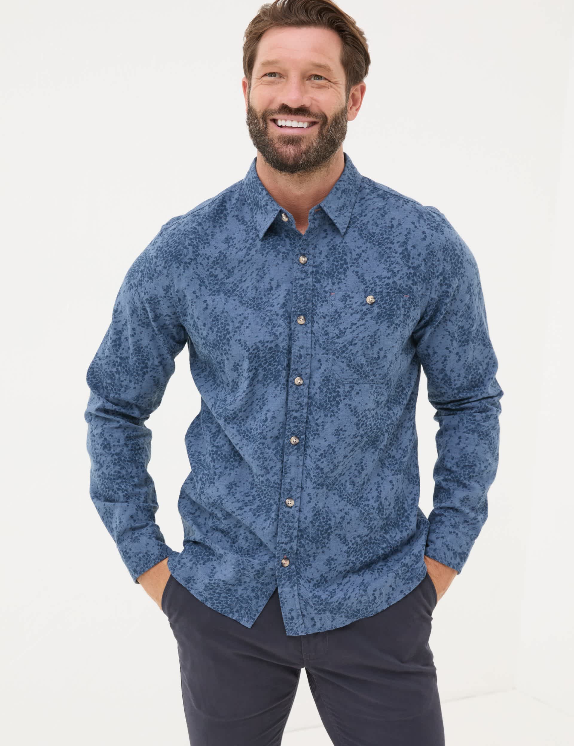 Fatface Men's Pure Cotton Leaf Print Shirt - MREG - Blue, Blue