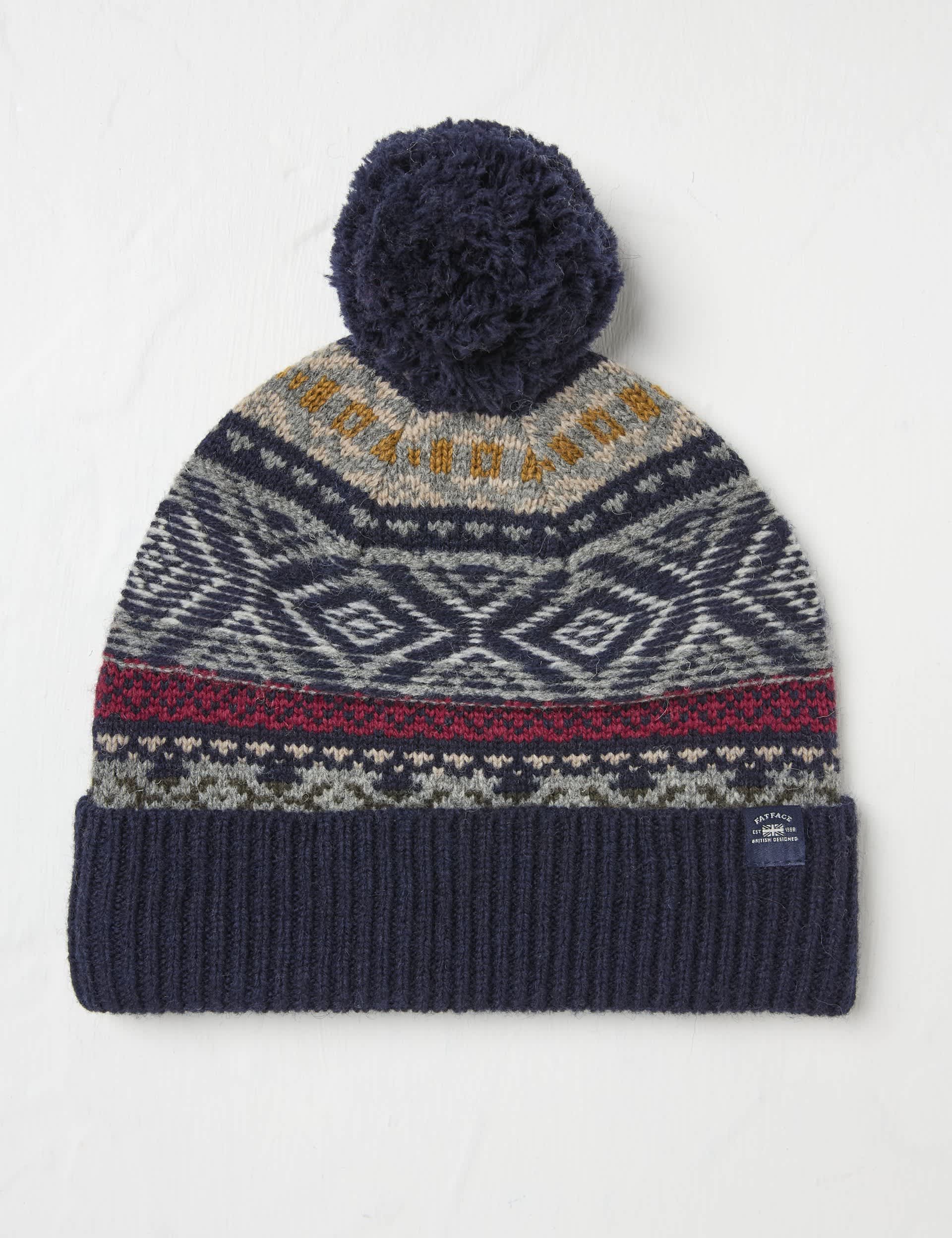 Fatface Men's Wool Rich Textured Fair Isle Beanie Hat - Navy Mix, Navy Mix