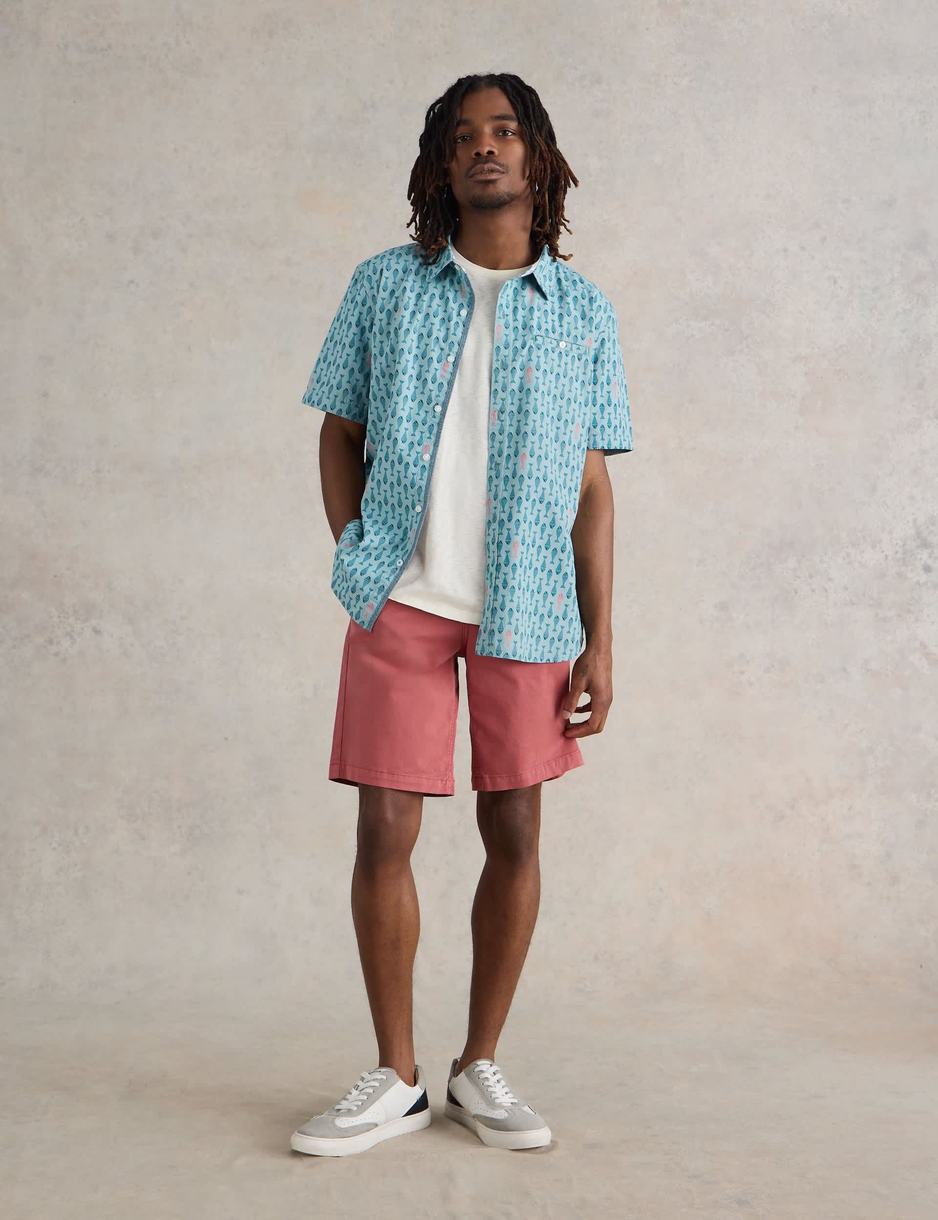 White Stuff Men's Pure Cotton Fish Print Short Sleeved Shirt