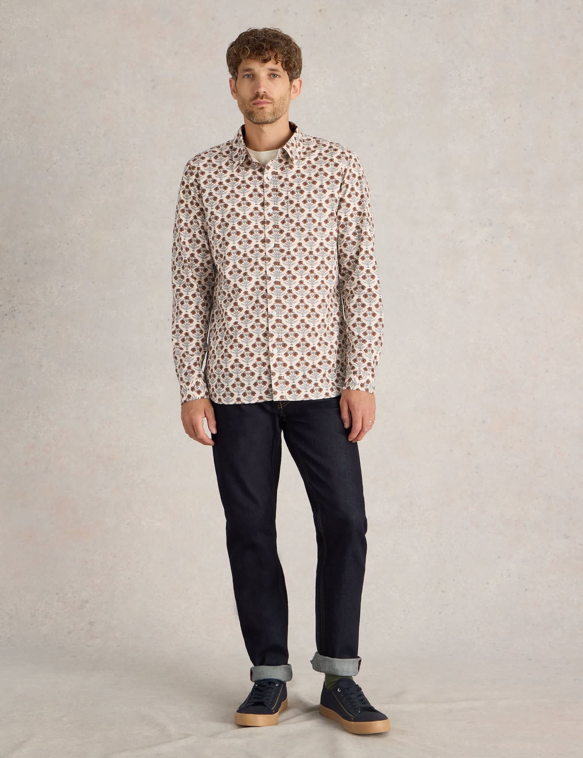 White Stuff Men's Slim Fit Cotton Rich Dandelion Print Shirt - Natural Mix, Natural Mix