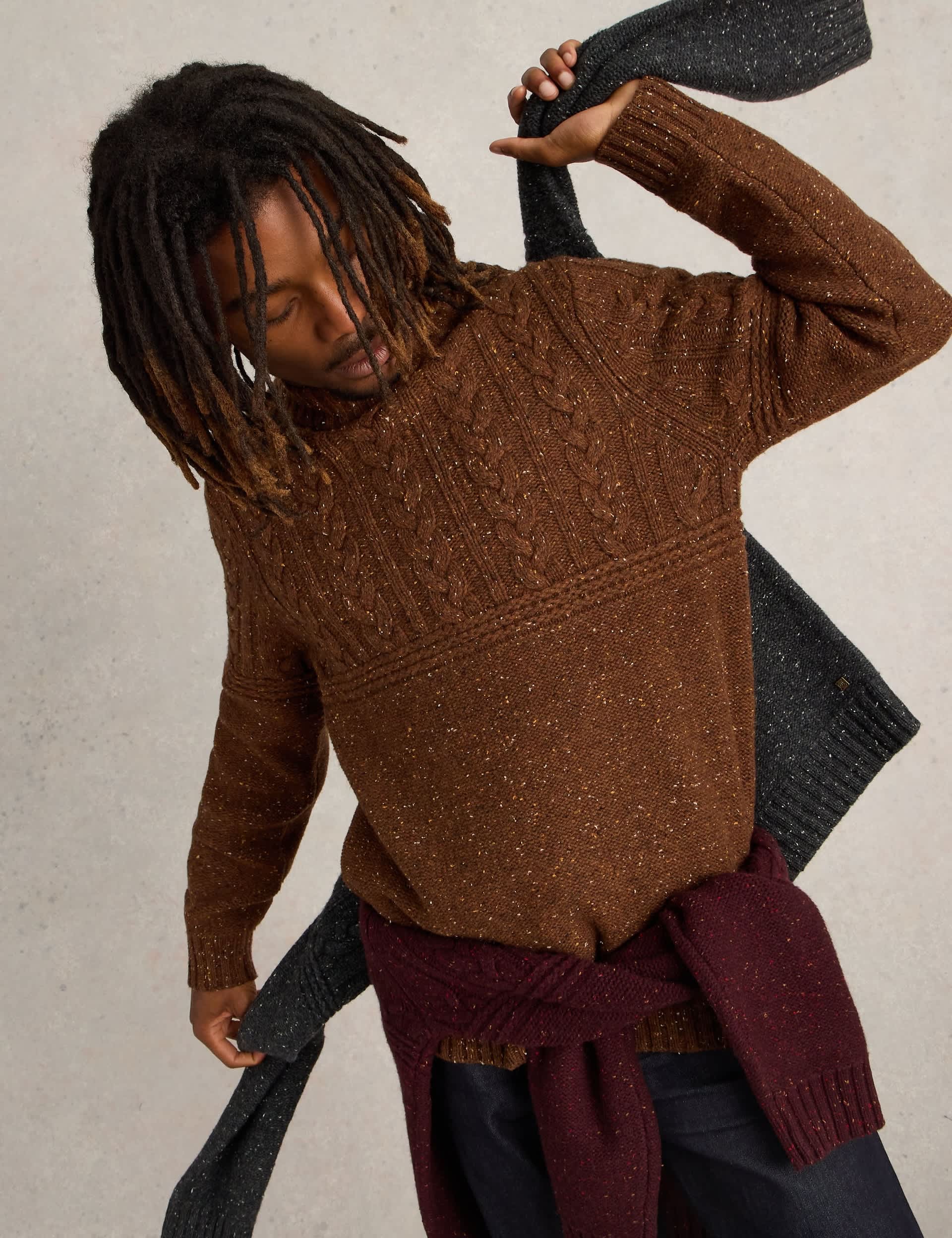 White Stuff Men's Wool Rich Cable Crew Neck Jumper - Brown Mix, Brown Mix,Grey,Purple Mix