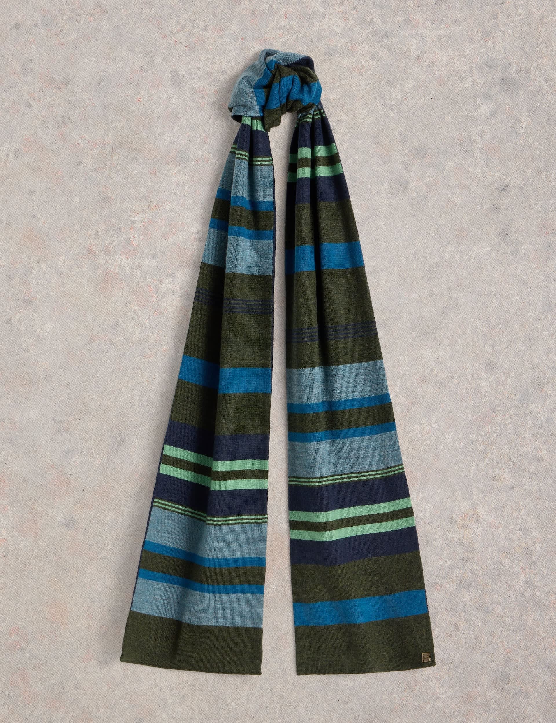 White Stuff Men's Pure Merino Wool Striped Scarf - Green Mix, Green Mix