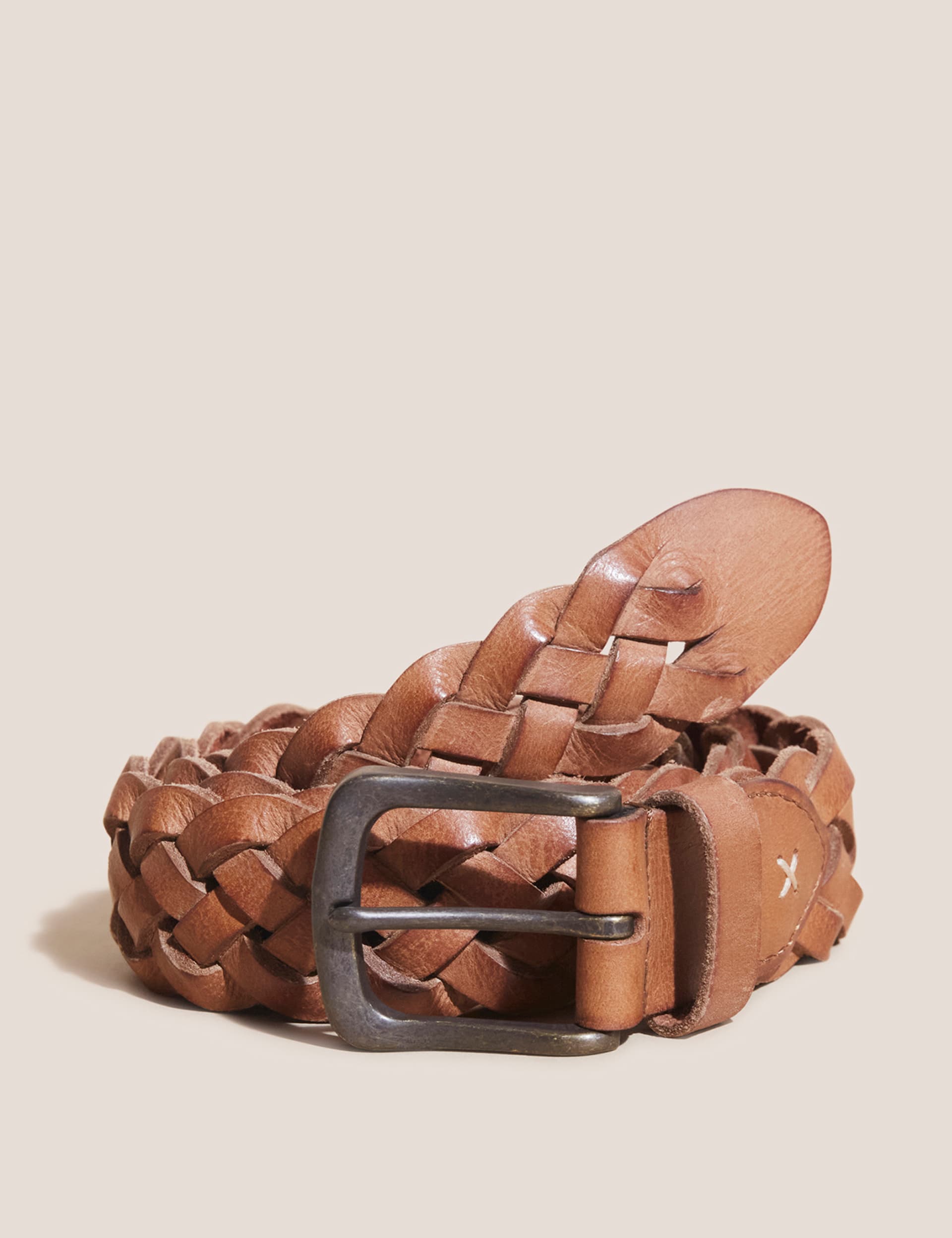 White Stuff Men's Leather Plaited Belt - M-L - Tan, Tan