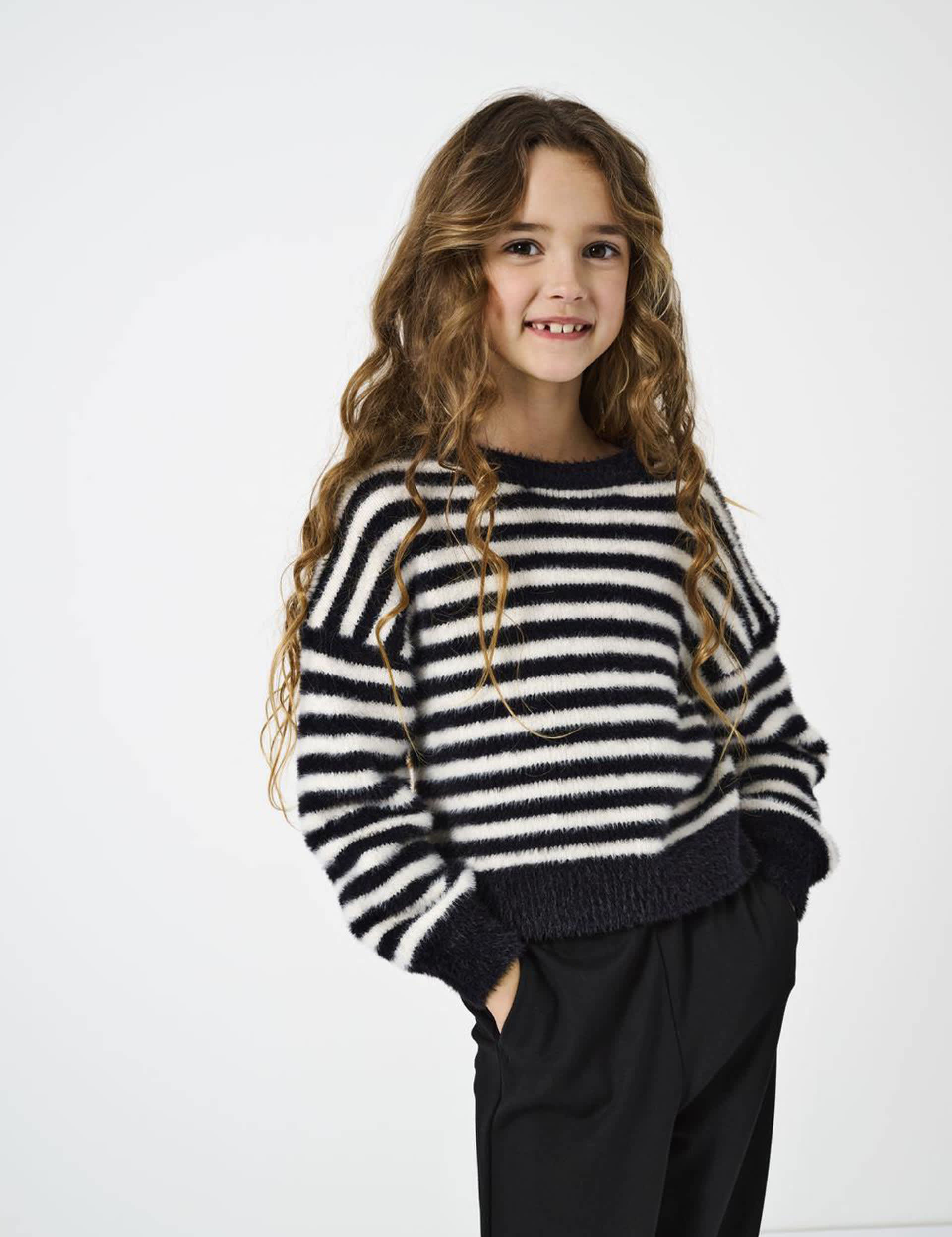 Kids Only Girls Striped Knitted Fluffy Jumper (7-14 Yrs) - 13-14 - Black Mix, Black Mix,Brown Mix