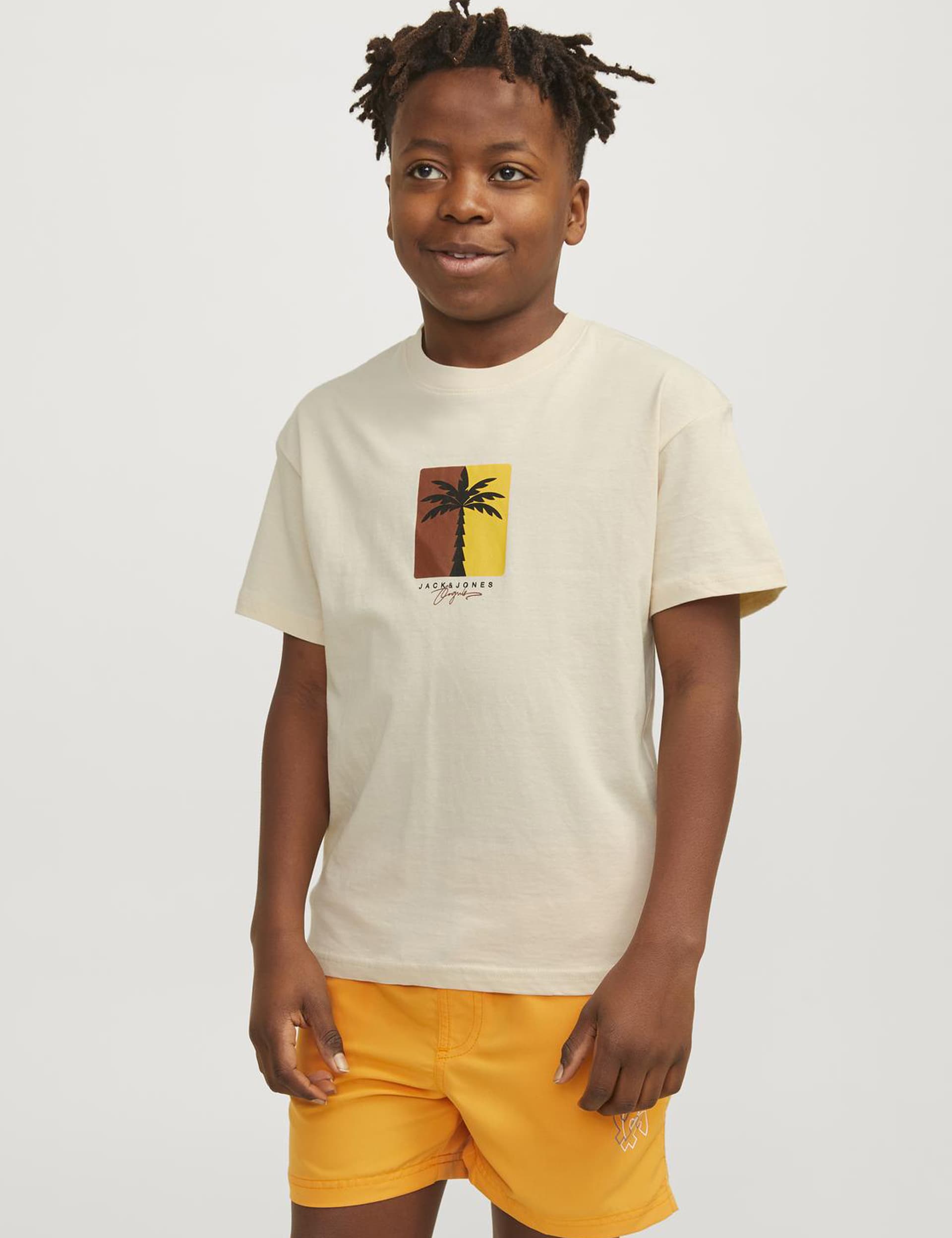 Jack & Jones Junior Boys Pure Cotton Palm Tree T-Shirt (8-16 Yrs) - 12y - Cream Mix, Cream Mix