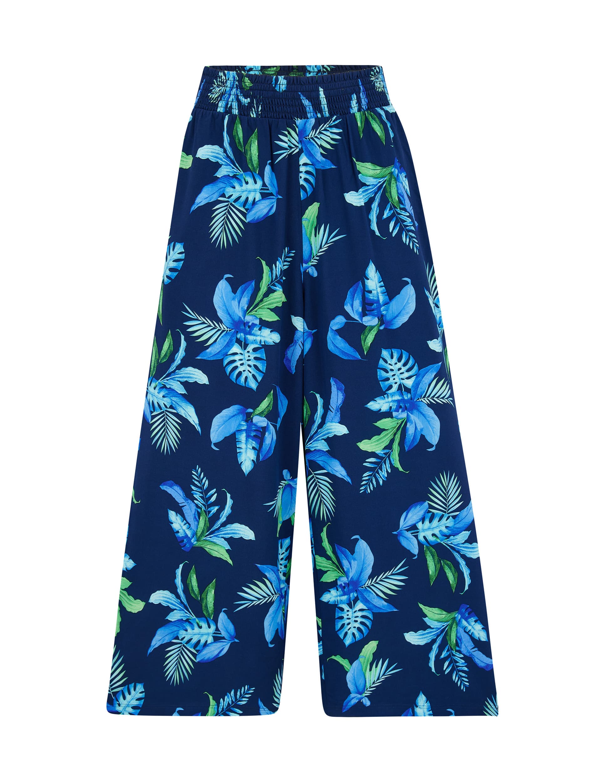 Pour Moi Women's Floral Wide Leg Cropped Beach Trousers - 12 - Dark Blue Mix, Dark Blue Mix