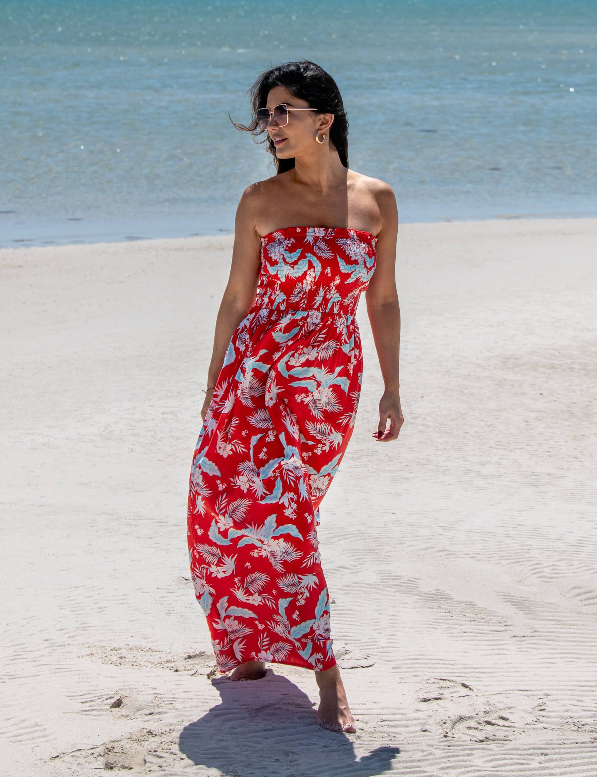 Pour Moi Women's Printed Shirred Bandeau Maxi Beach Dress - 12 - Red Mix, Red Mix