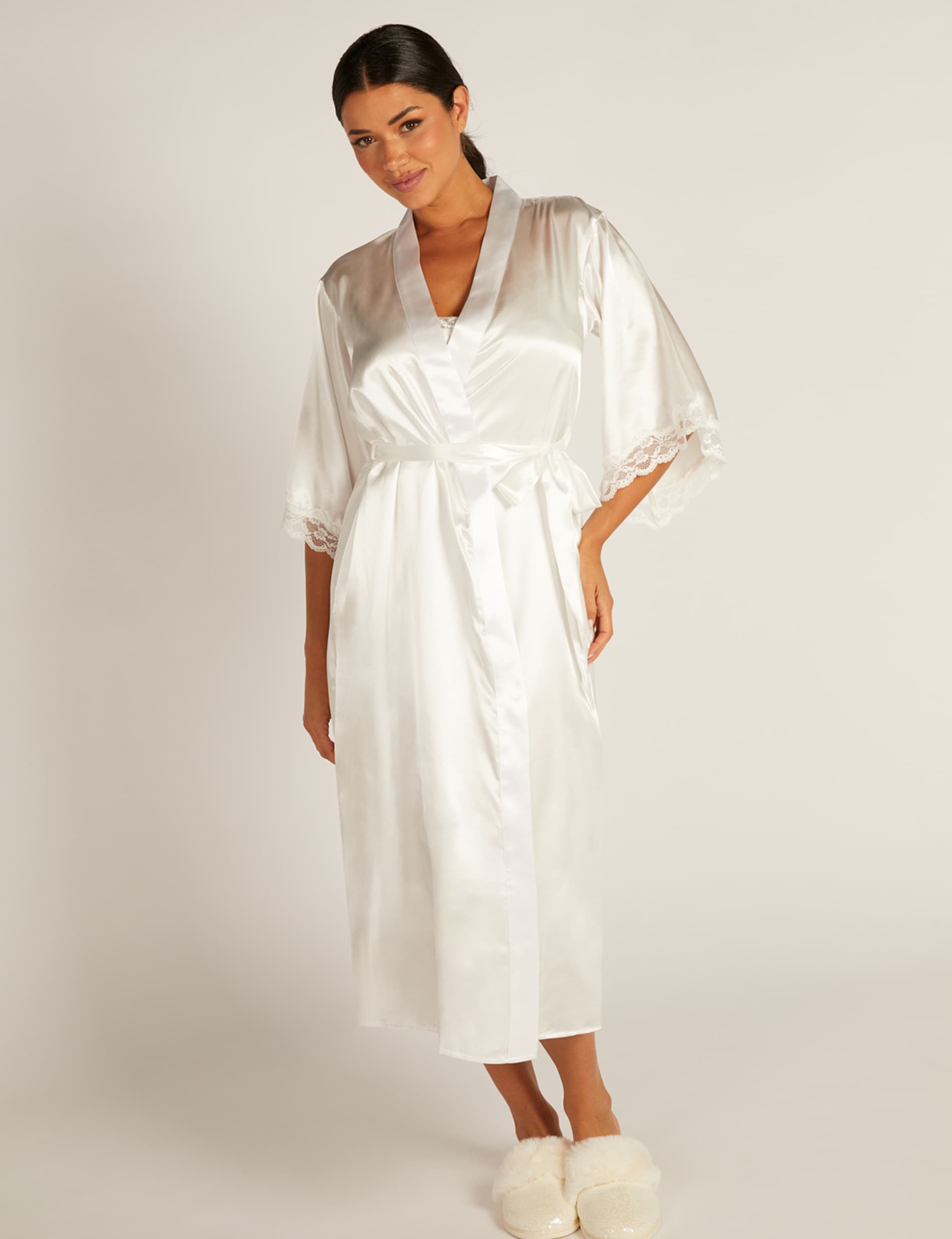 Boux Avenue Women's Amelia Satin Lace Trim Wide Sleeve Robe - Ivory, Ivory