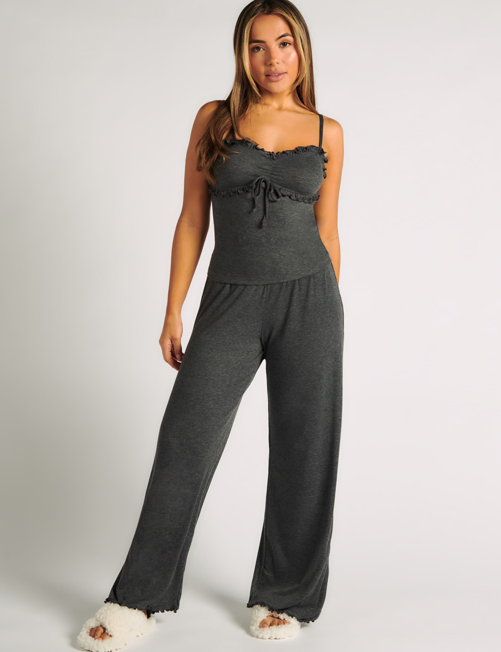 Boux Avenue Women's Frill Ribbed Pyjama Set - 8 - Grey, Grey