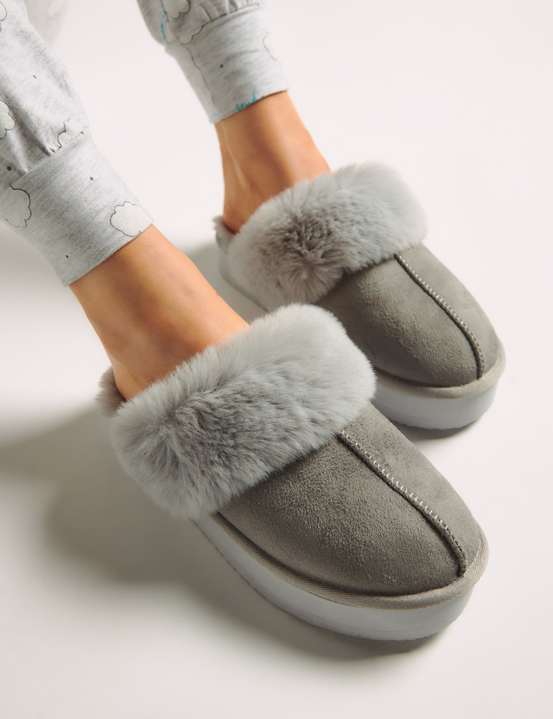 Boux Avenue Women's Faux Fur Platform Mule Slippers - 5-6 - Grey, Grey