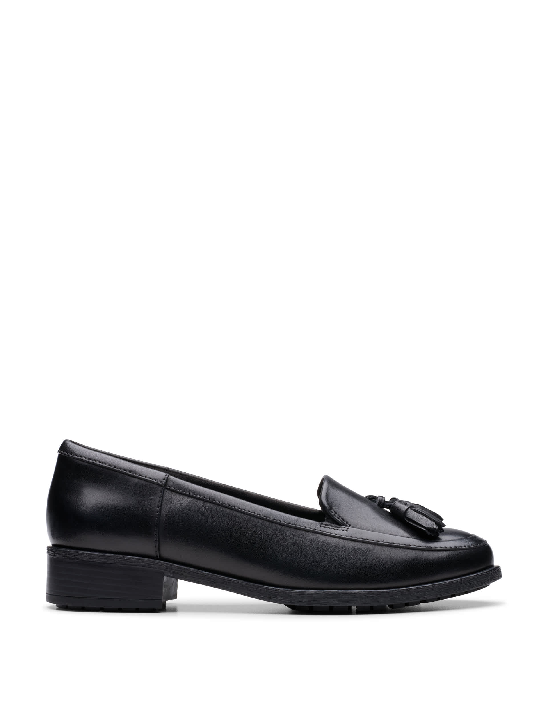 Clarks Women's Leather Tassel Block Heel Loafers - 5.5 - Black, Black