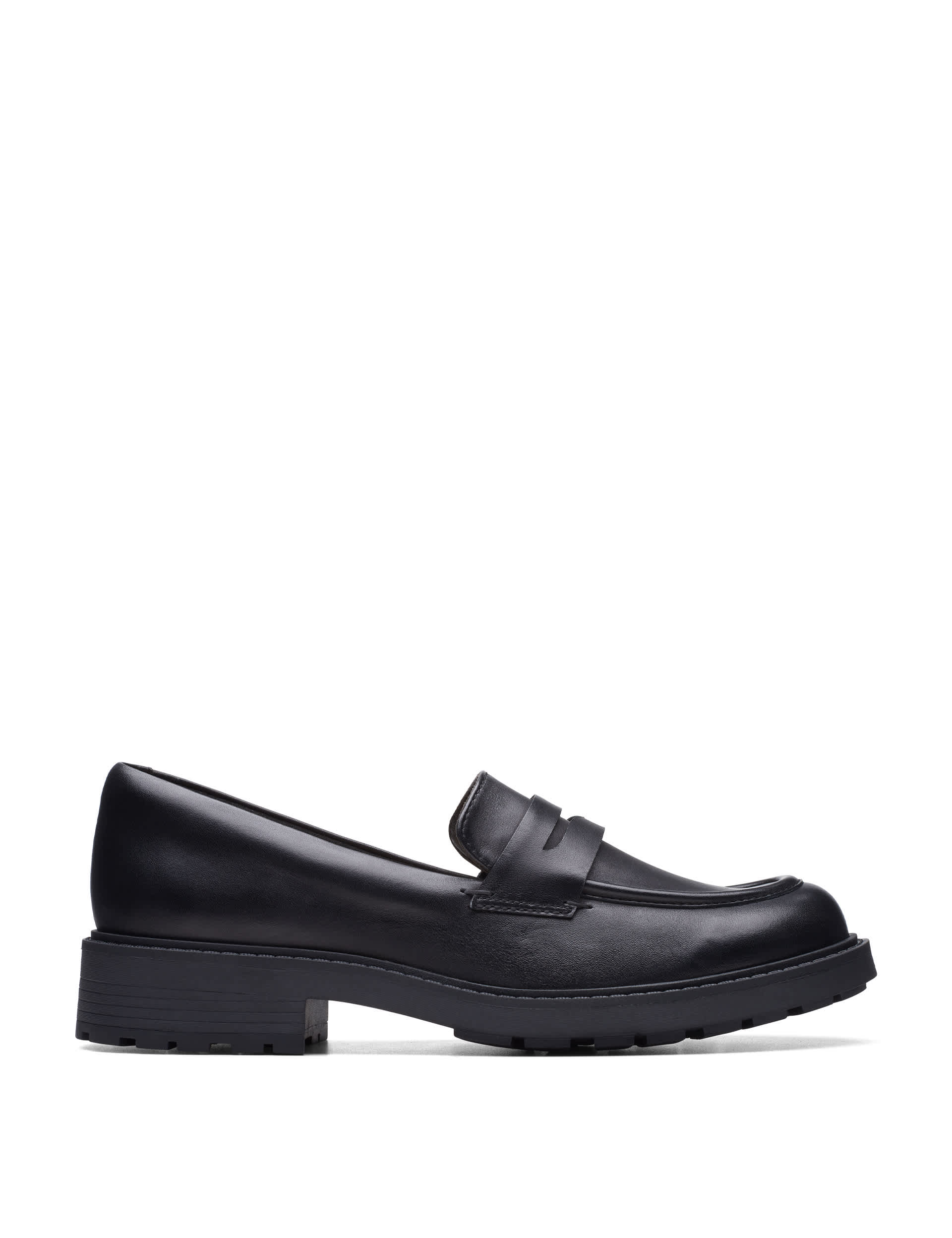 Clarks Women's Wide Fit Leather Block Heel Loafers - 5 - Black, Black