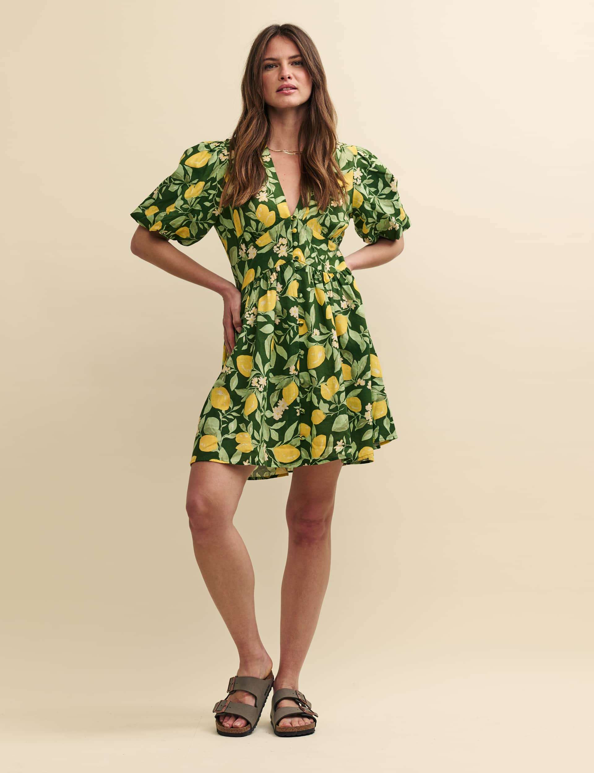 Nobody'S Child Women's Lyocell Rich Lemon Print V-Neck Mini Dress - 14REG - Green Mix, Green Mix