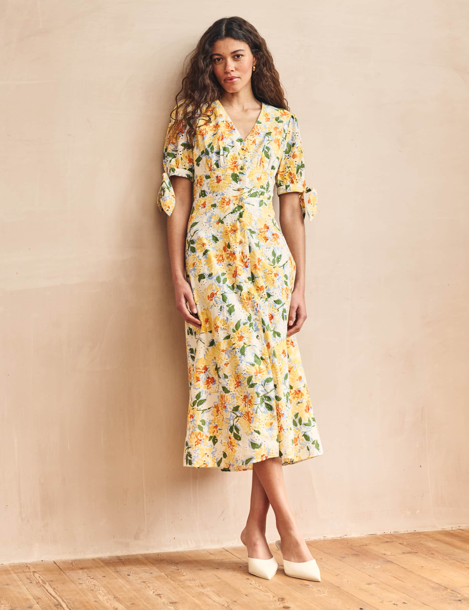 Nobody'S Child Women's Pure Cotton Floral V-Neck Midi Tea Dress - 8 - Yellow Mix, Yellow Mix