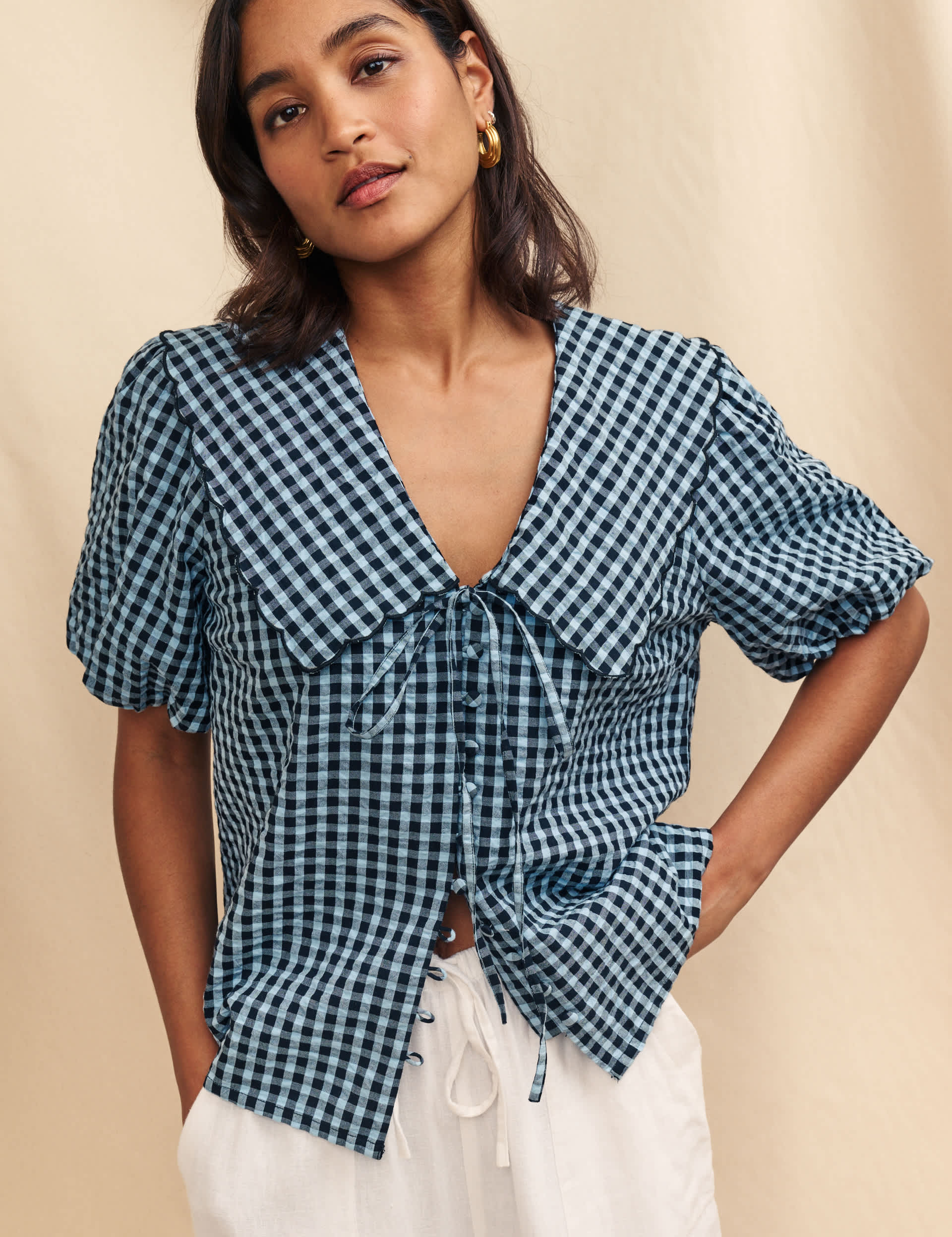 Nobody'S Child Women's Pure Cotton Checked Relaxed Blouse - 14 - Blue Mix, Blue Mix