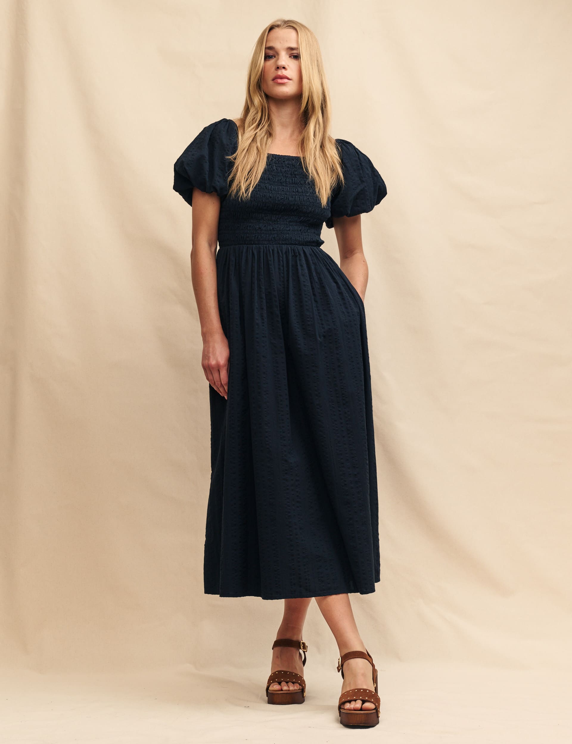 Nobody'S Child Women's Pure Cotton Square Neck Midi Shirred Dress