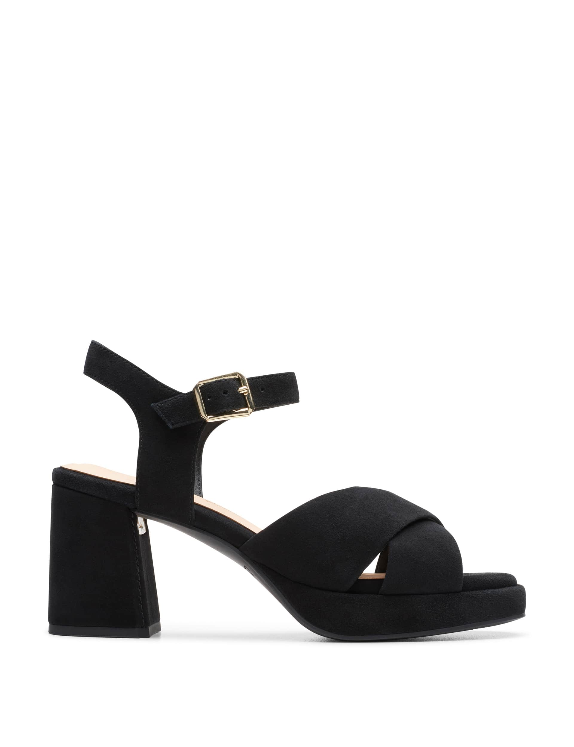 Clarks Women's Suede Block Heel Sandals - 5.5 - Black, Black