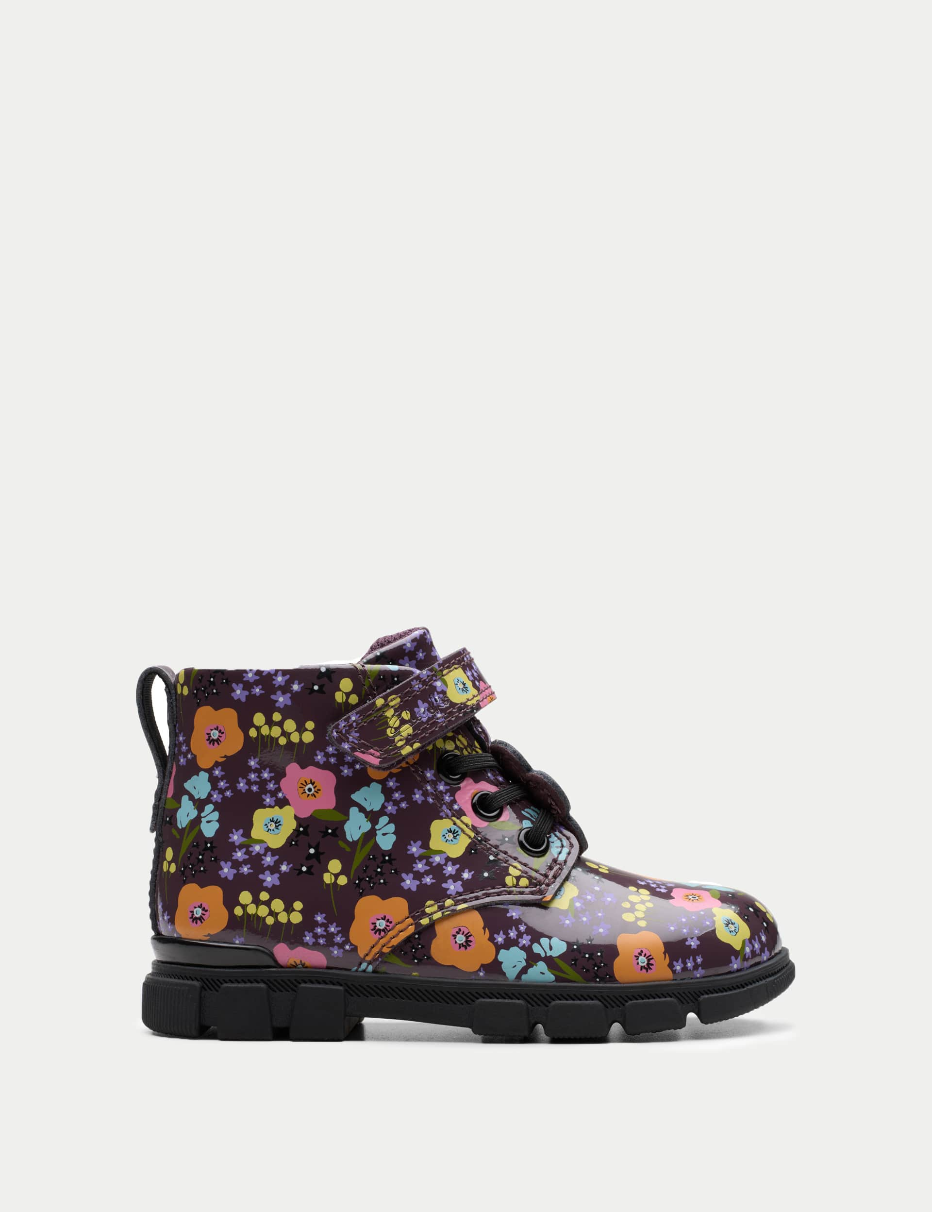 Clarks Kids Patent Floral Riptape Ankle Boots (4 Small - 6 Small) - 4SF - Purple, Purple